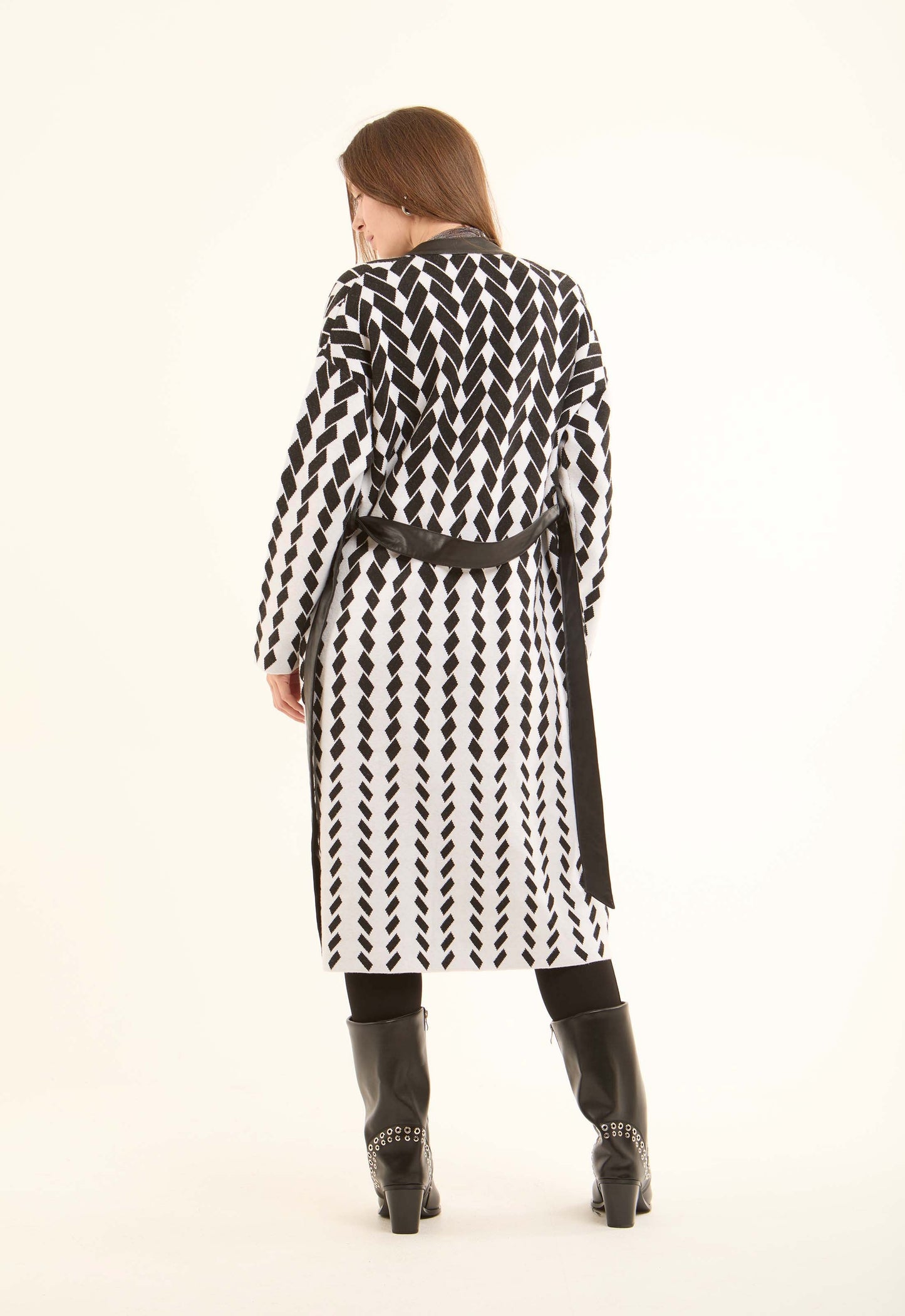 Patterned Long Cardigan with Leather Neckline