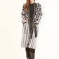 Patterned Long Cardigan with Leather Neckline