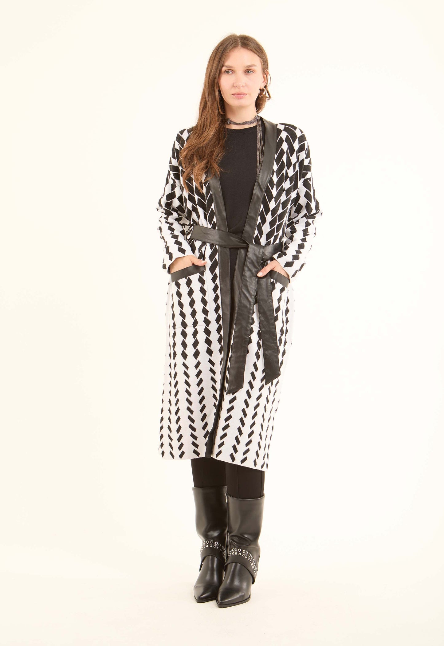 Patterned Long Cardigan with Leather Neckline