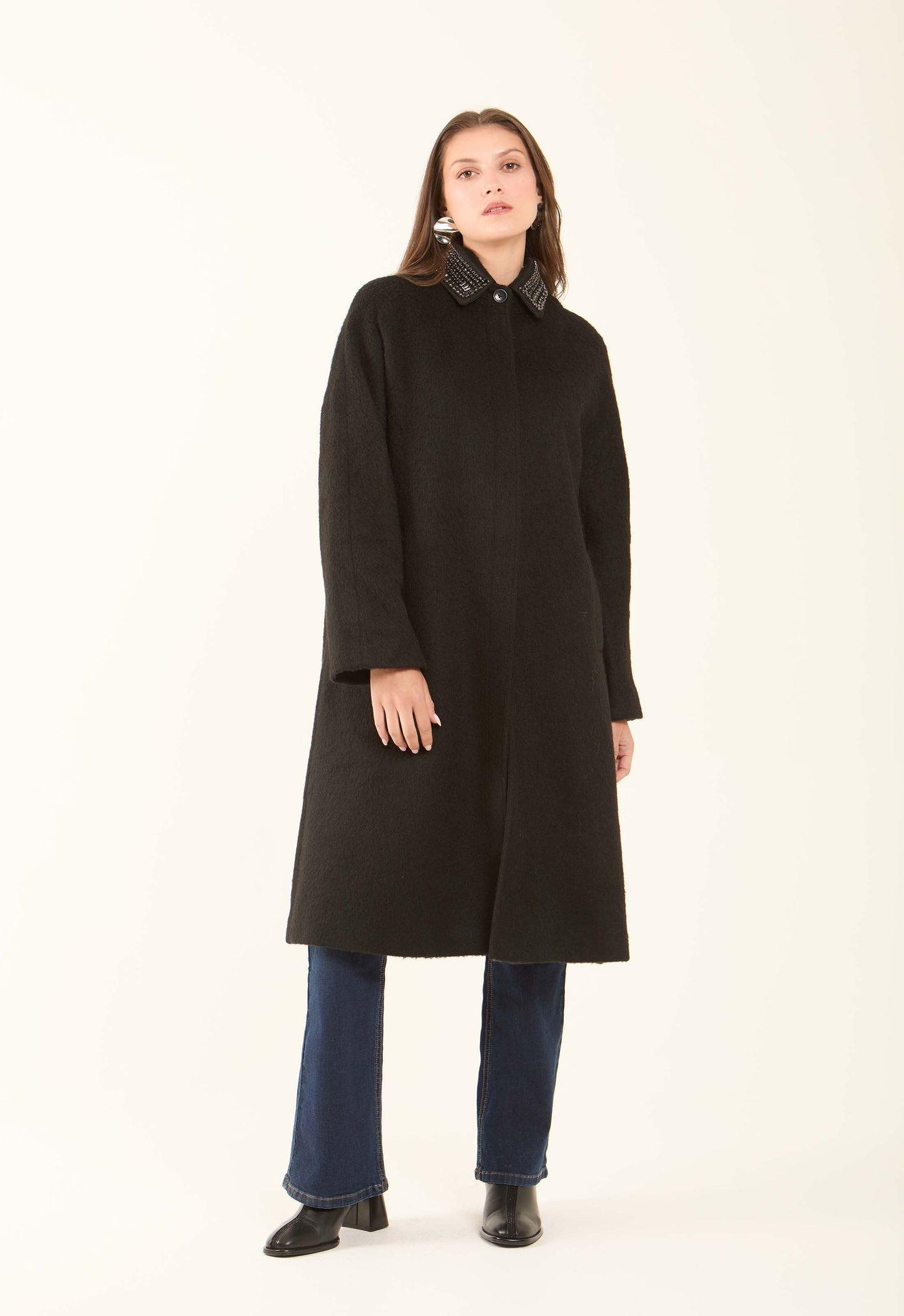 Embellished Collar Wool-Blend Coat