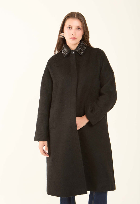 Embellished Collar Wool-Blend Coat
