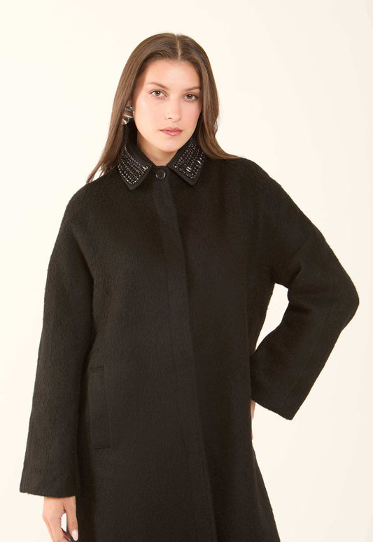 Embellished Collar Wool-Blend Coat