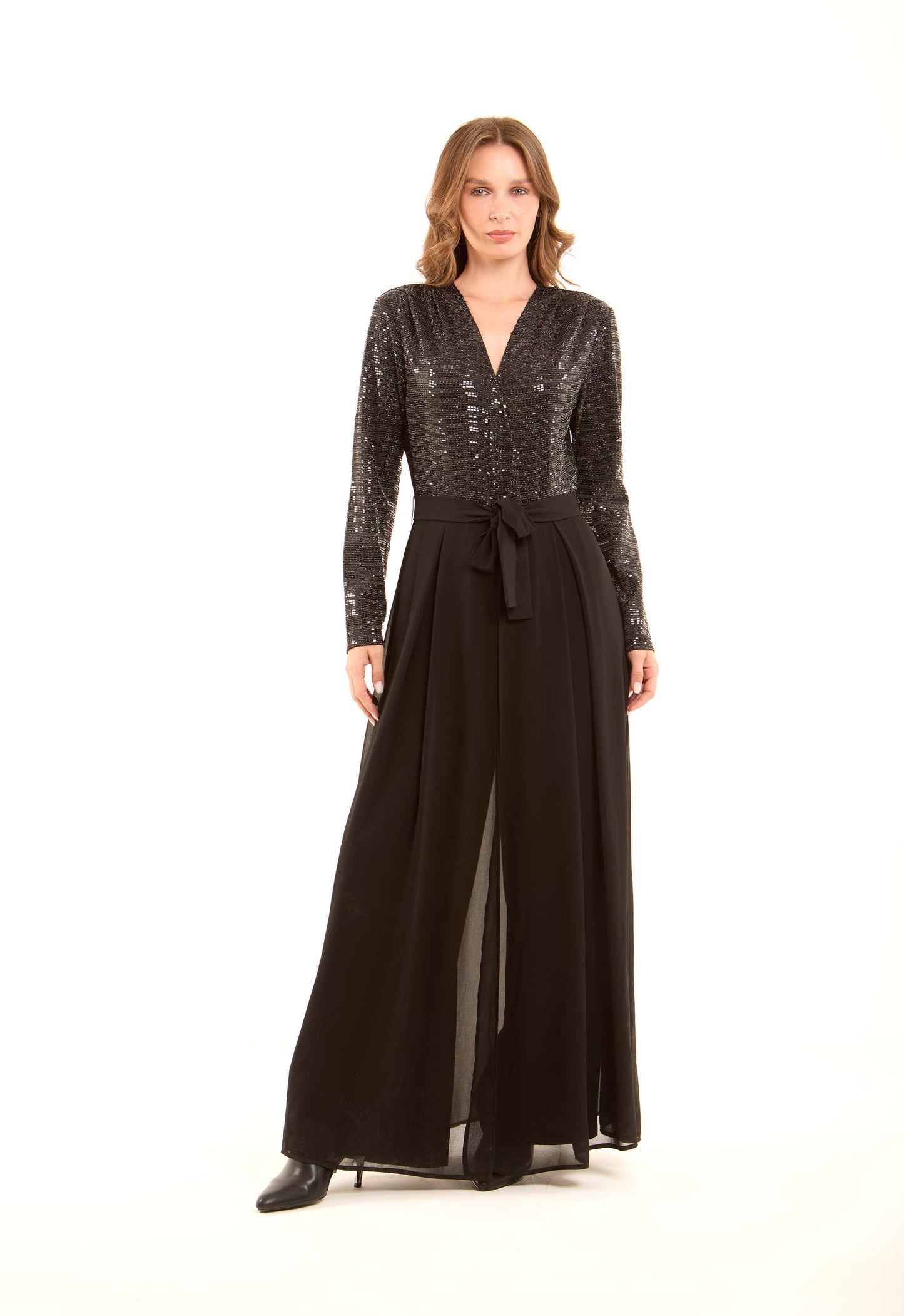 Long Sleeves Shiny Jumpsuit with Belt