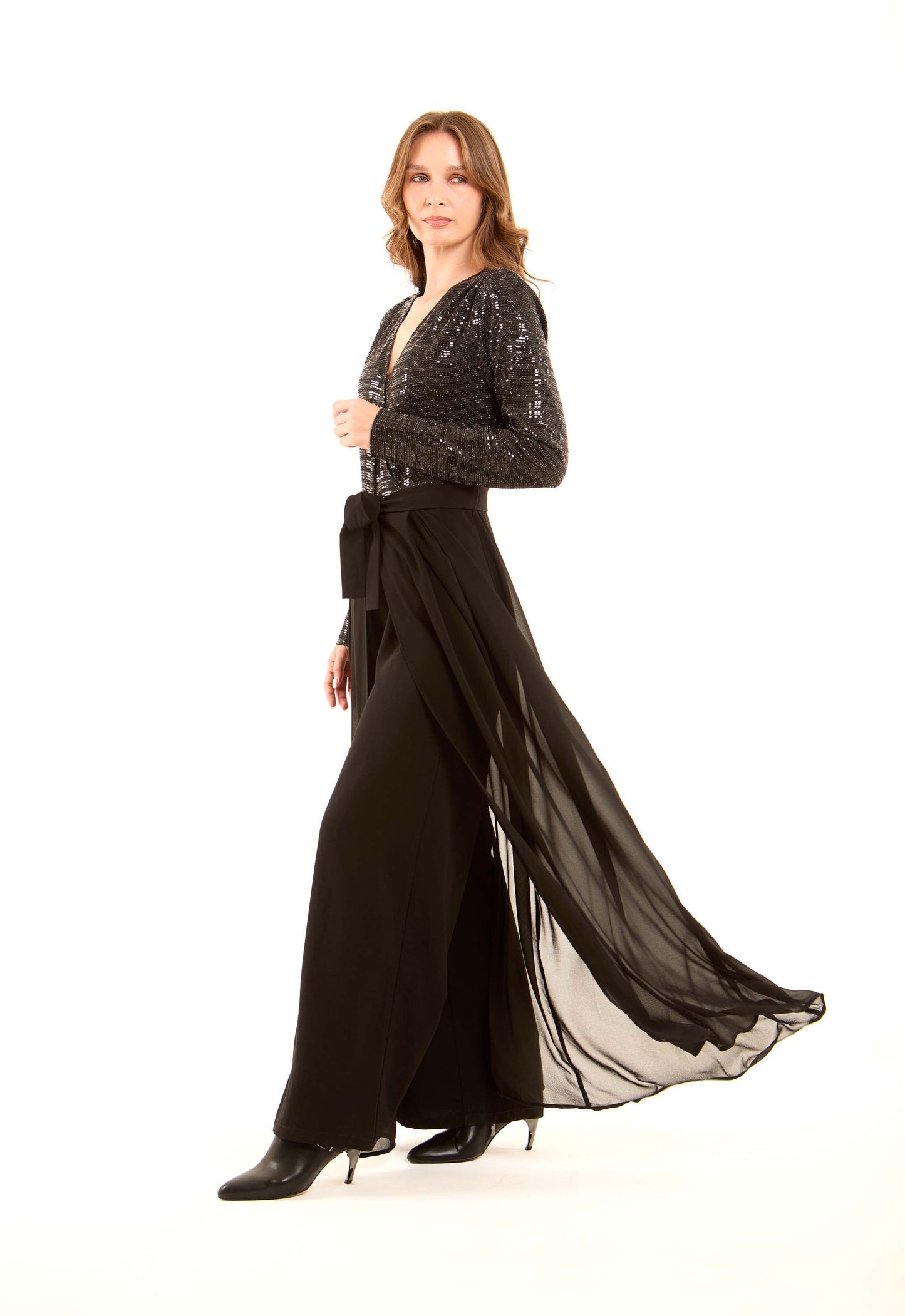 Long Sleeves Shiny Jumpsuit with Belt