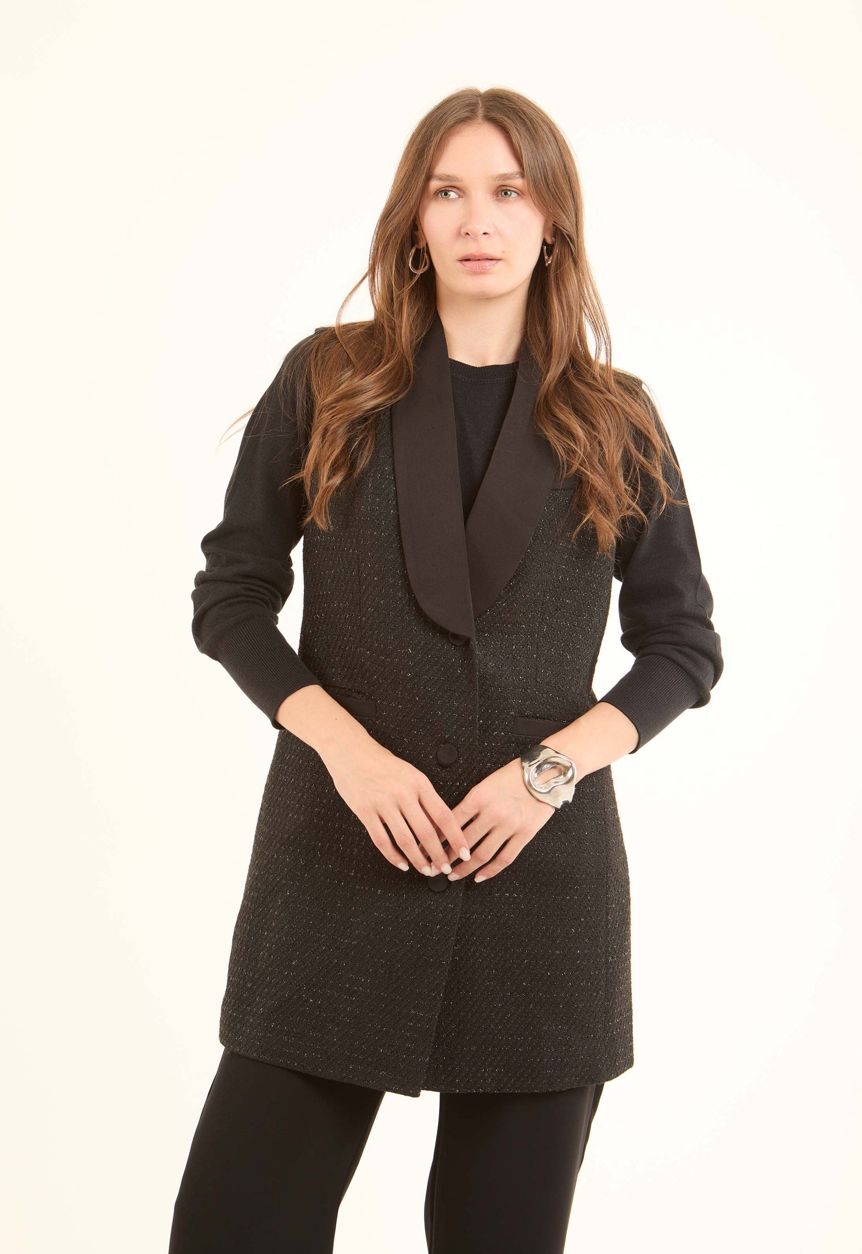 Classic Textured Long Vest with Single Button