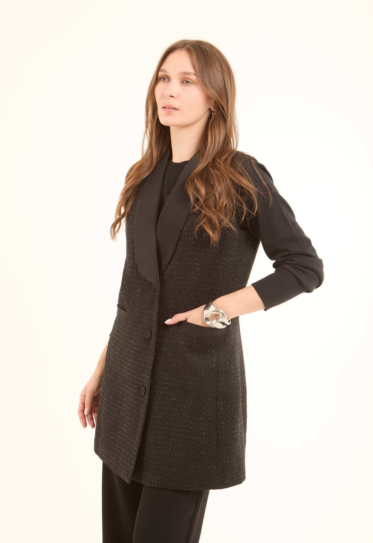 Classic Textured Long Vest with Single Button