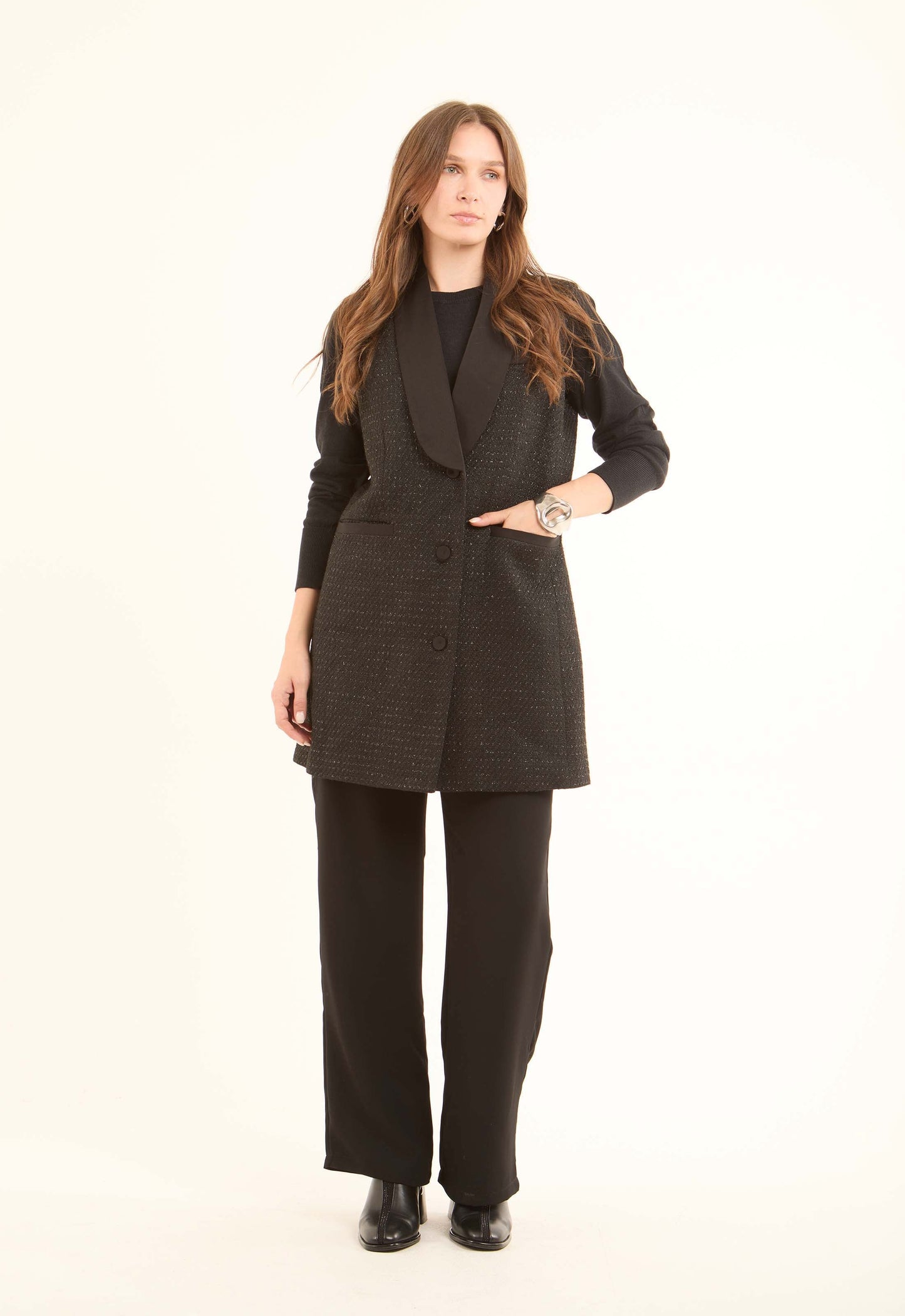 Classic Textured Long Vest with Single Button