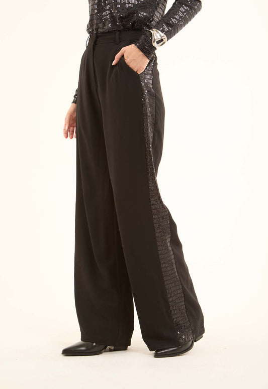 Polyester Wide-Leg Pants with Sequined Side Detail