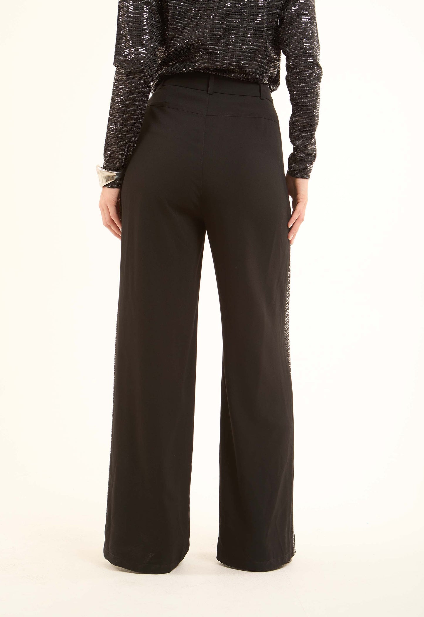 Polyester Wide-Leg Pants with Sequined Side Detail