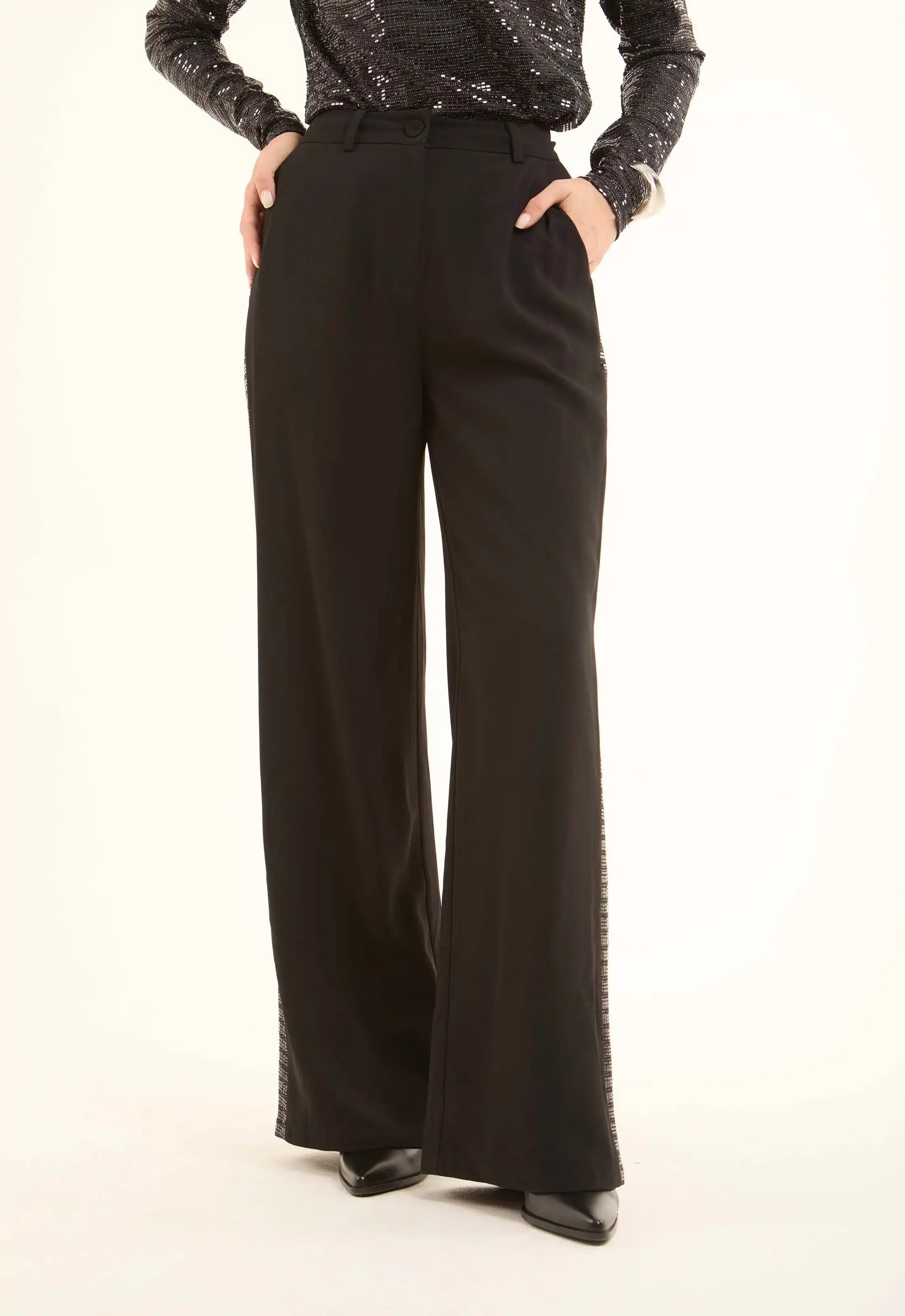 Polyester Wide-Leg Pants with Sequined Side Detail