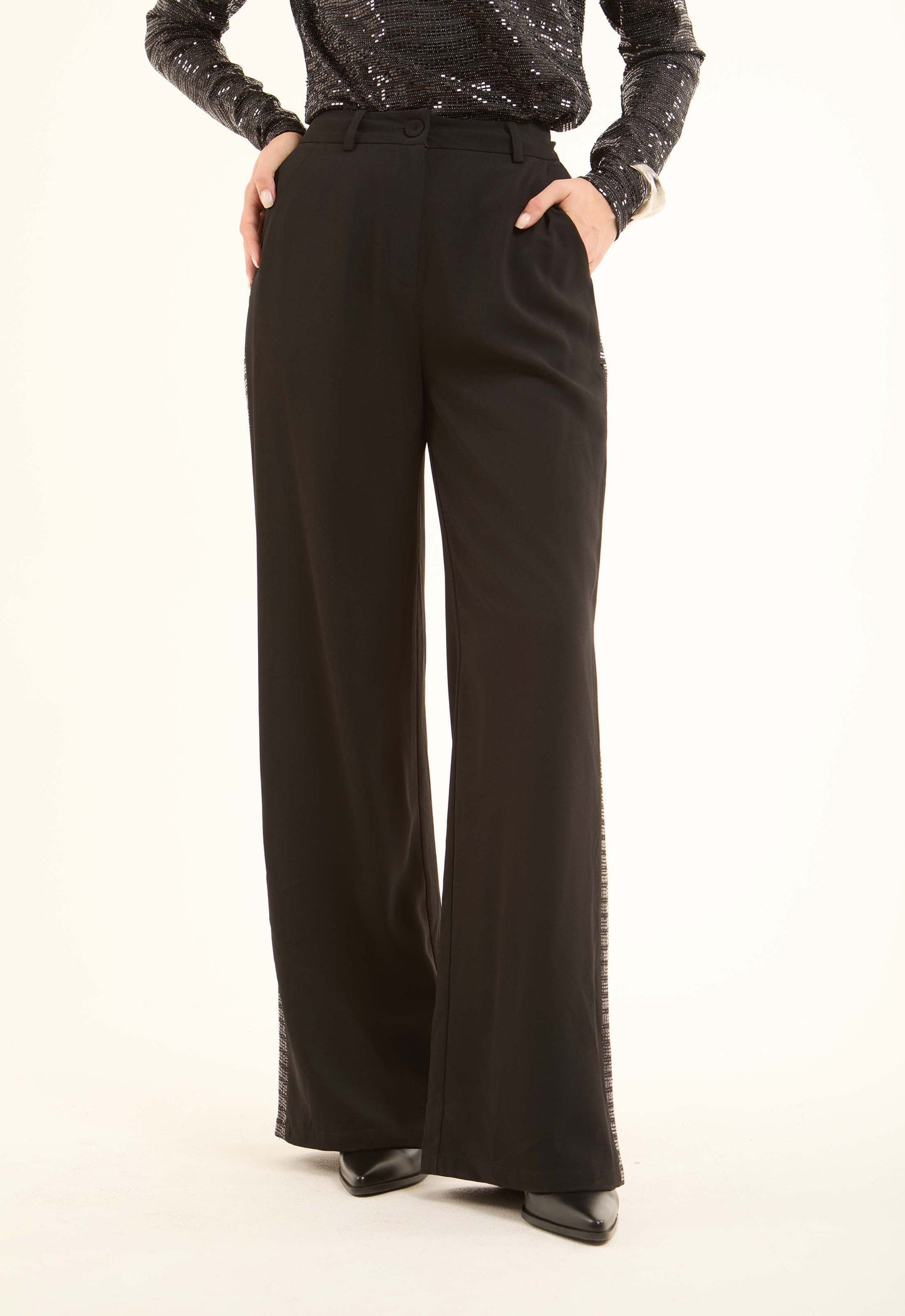 Polyester Wide-Leg Pants with Sequined Side Detail