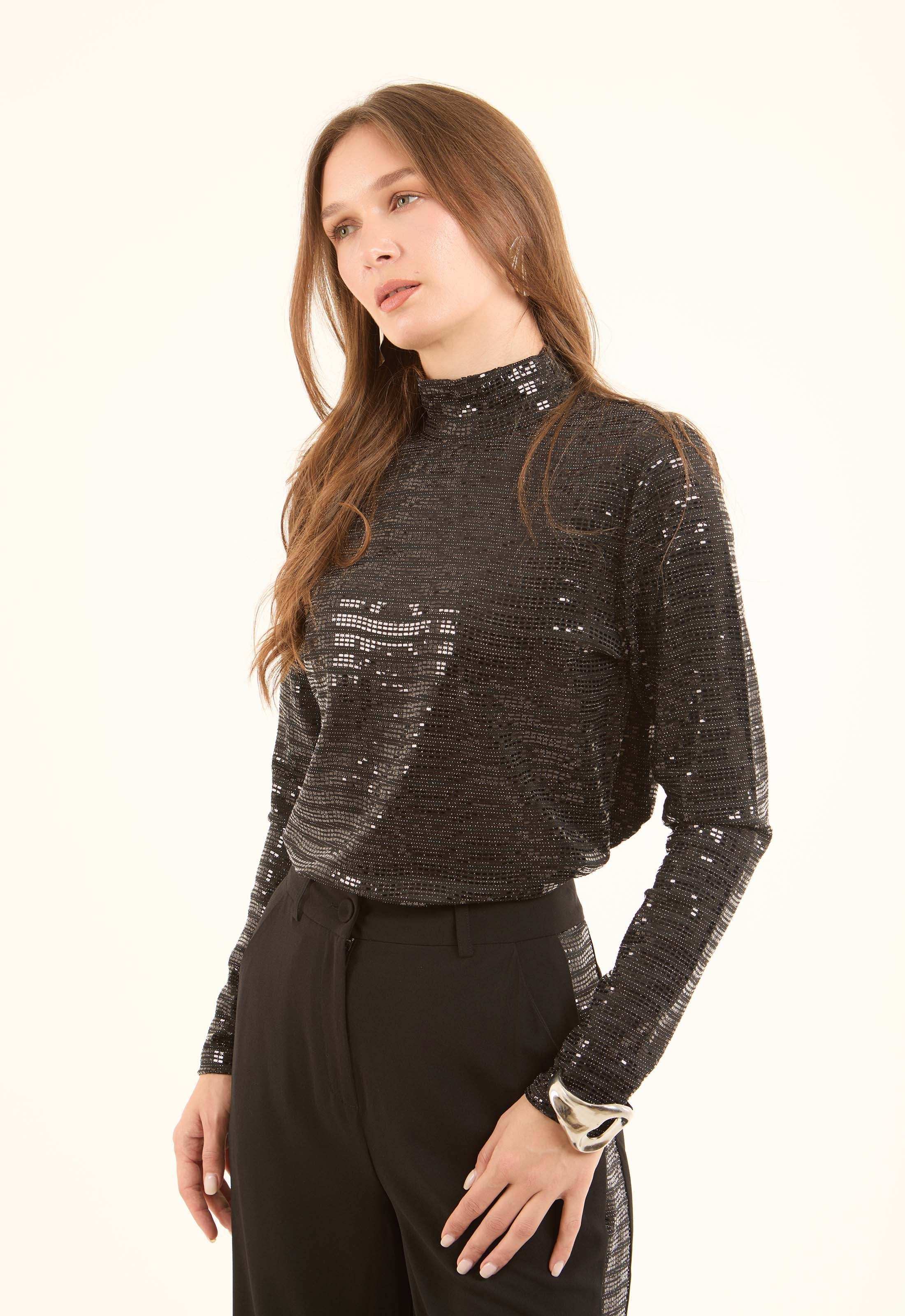 Shiny Self Sequins Long Sleeves Evening Top