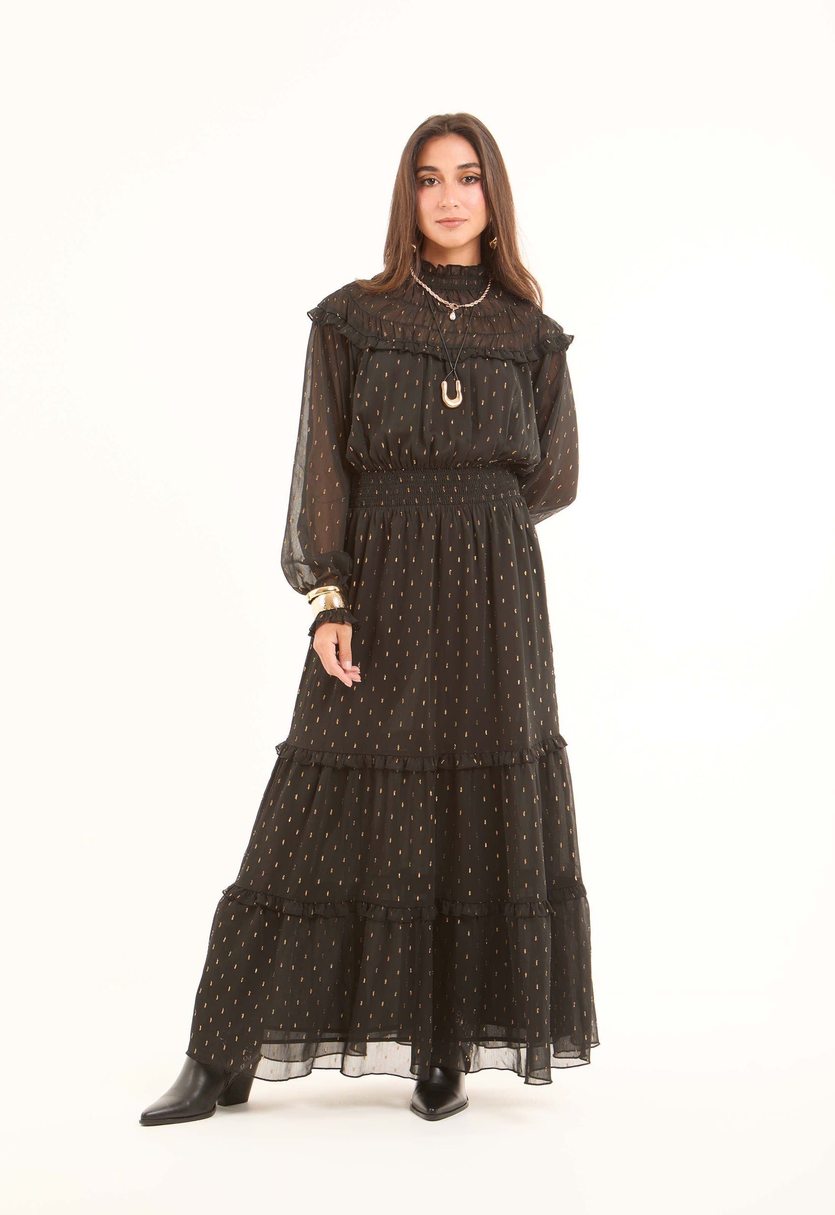 Sheer Shoulders & Sleeves Patterned Maxi Dress