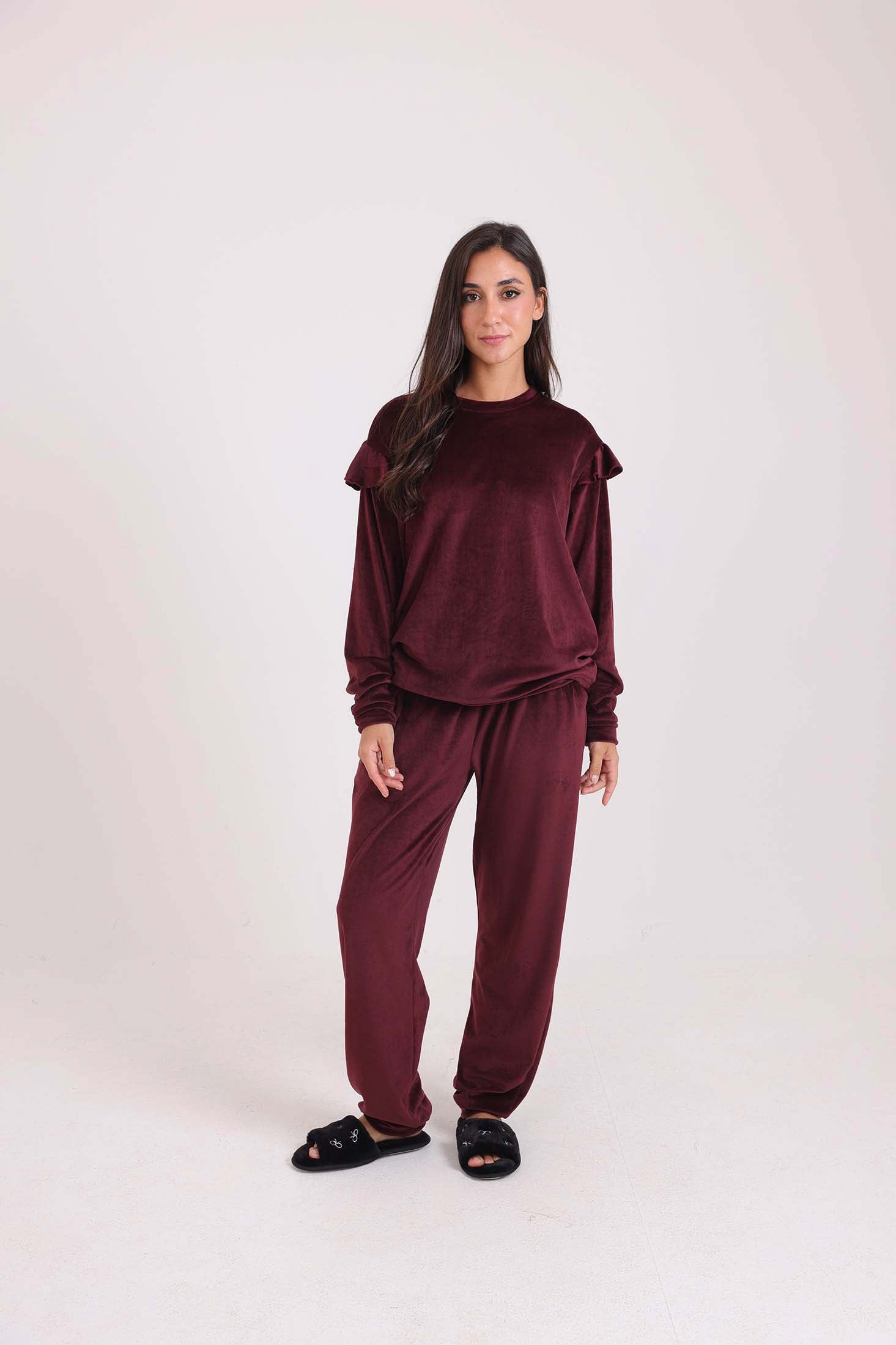 Velvet Pajama Set with Ruffled Shoulders