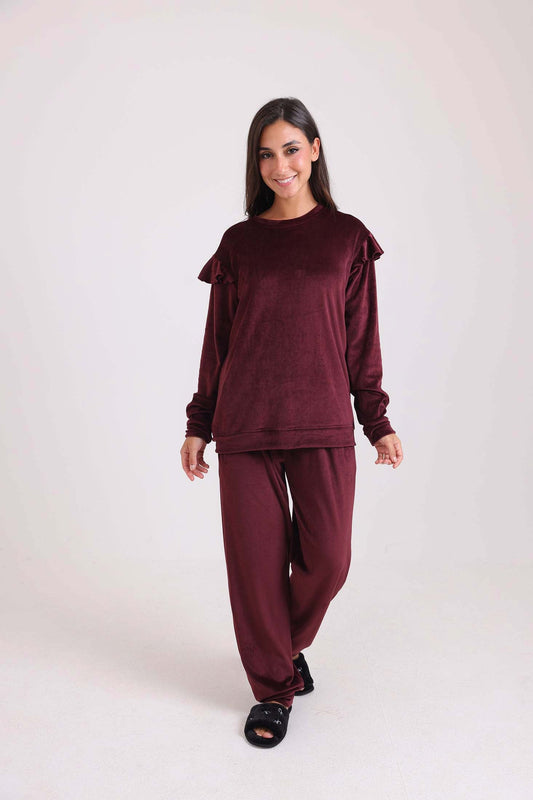 Velvet Pajama Set with Ruffled Shoulders