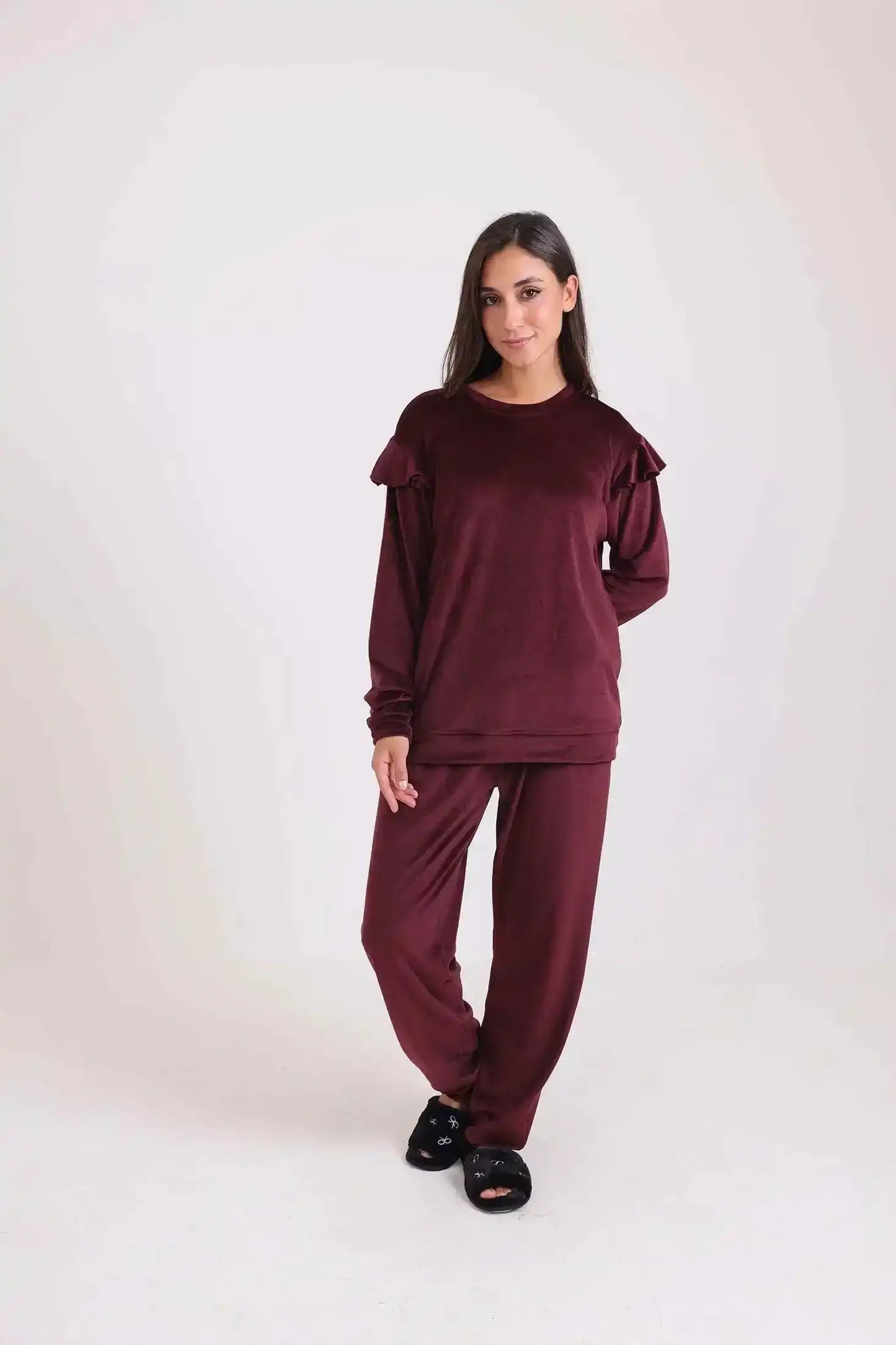 Velvet Pajama Set with Ruffled Shoulders