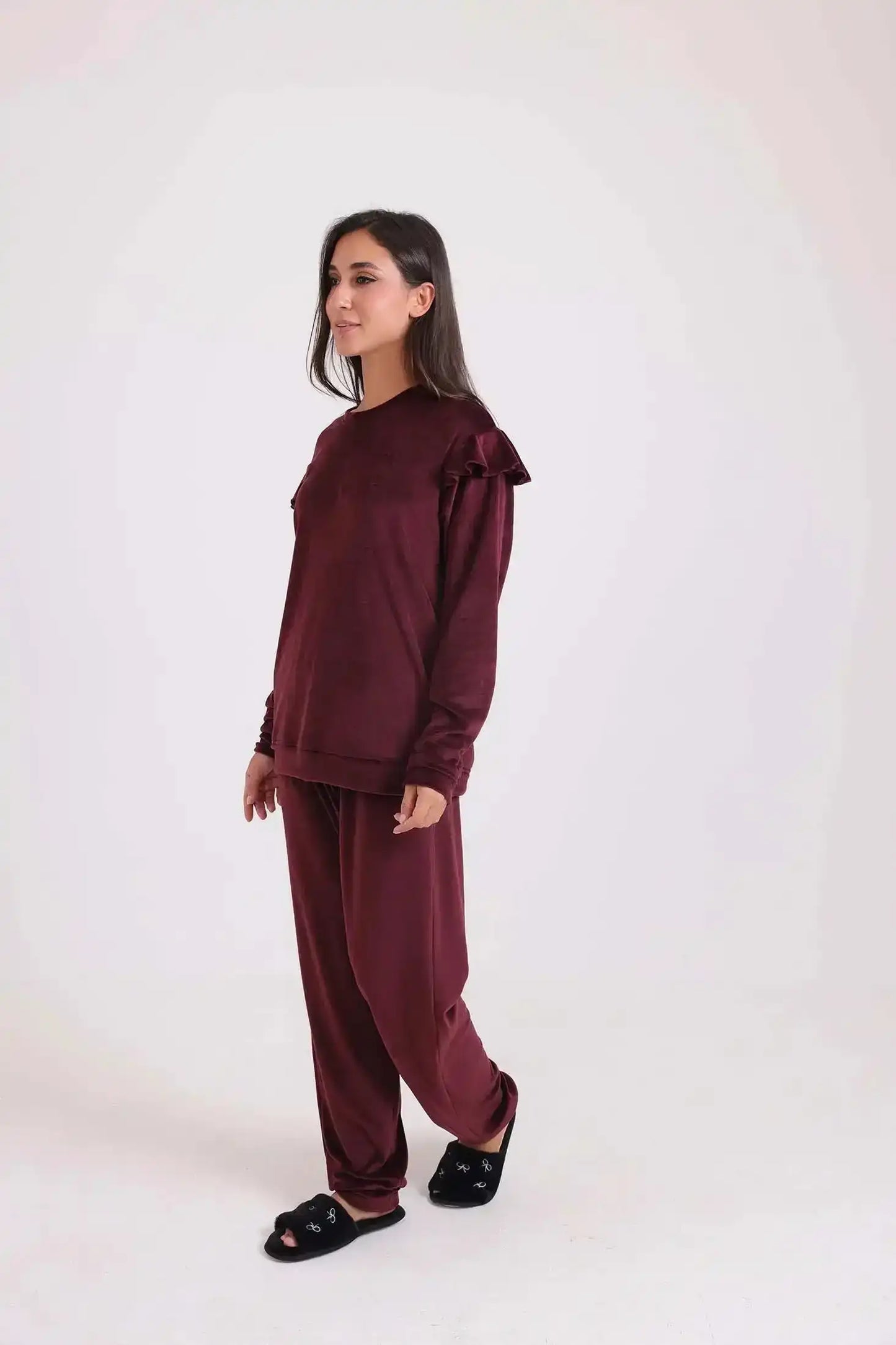 Velvet Pajama Set with Ruffled Shoulders