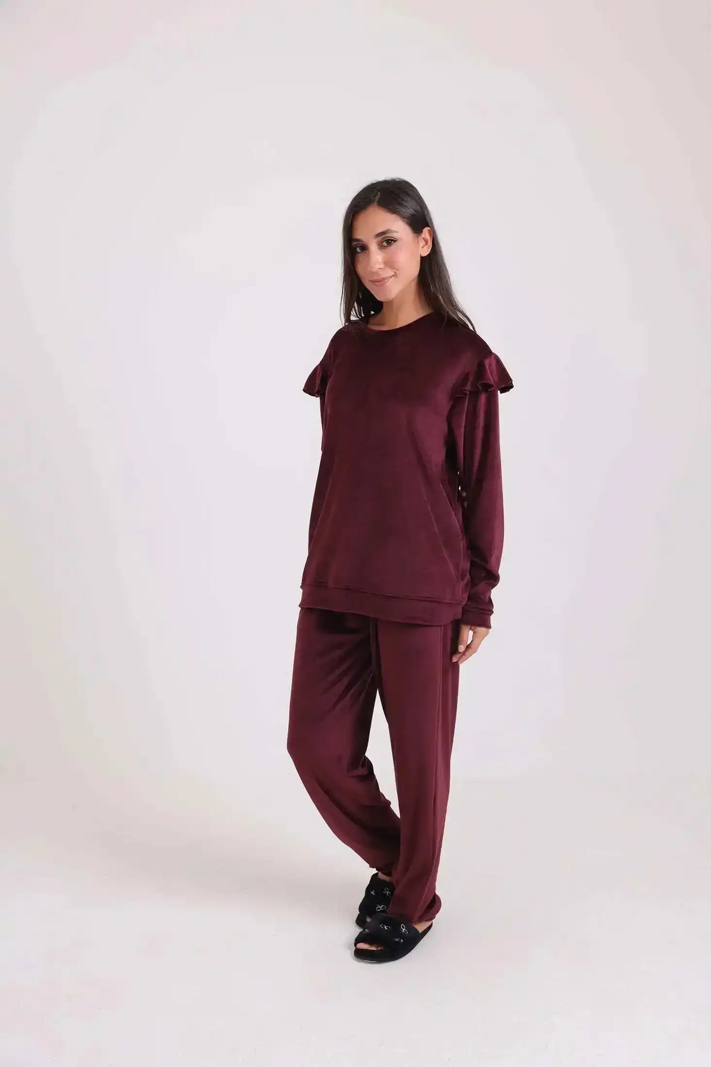 Velvet Pajama Set with Ruffled Shoulders