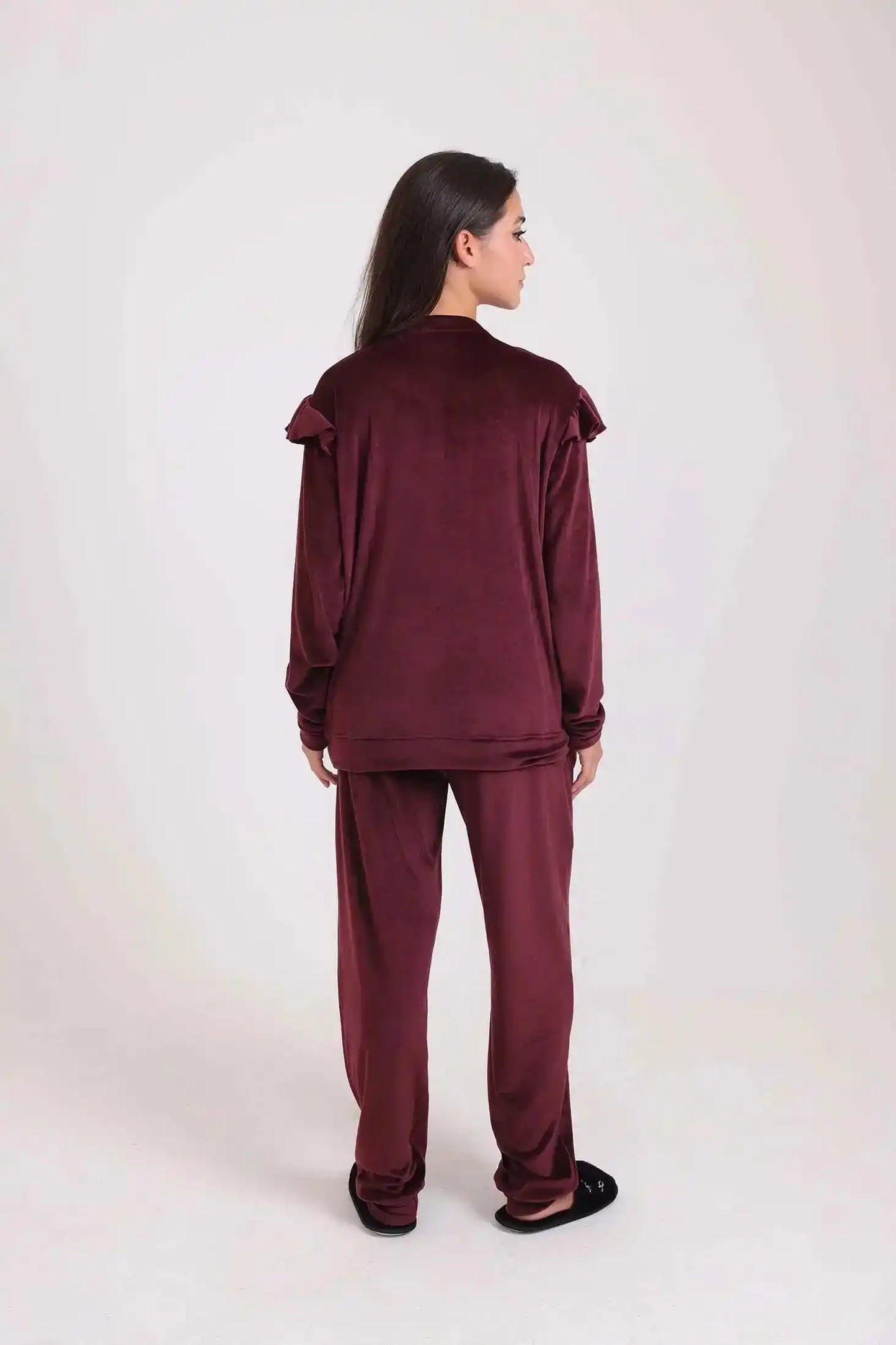 Velvet Pajama Set with Ruffled Shoulders