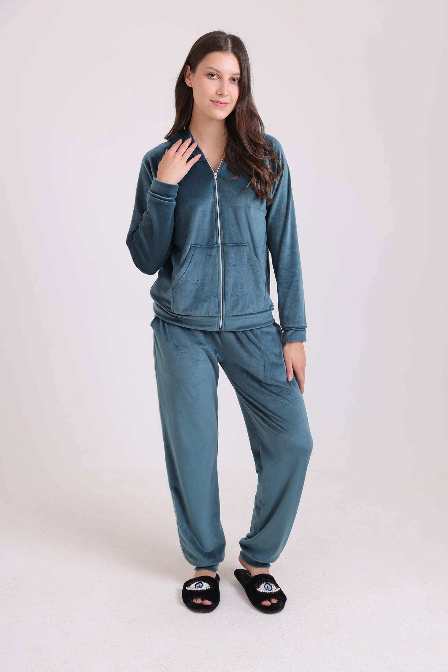 طقم بيجامة هودي بأكمام طويلة وستوستة & بنطلون