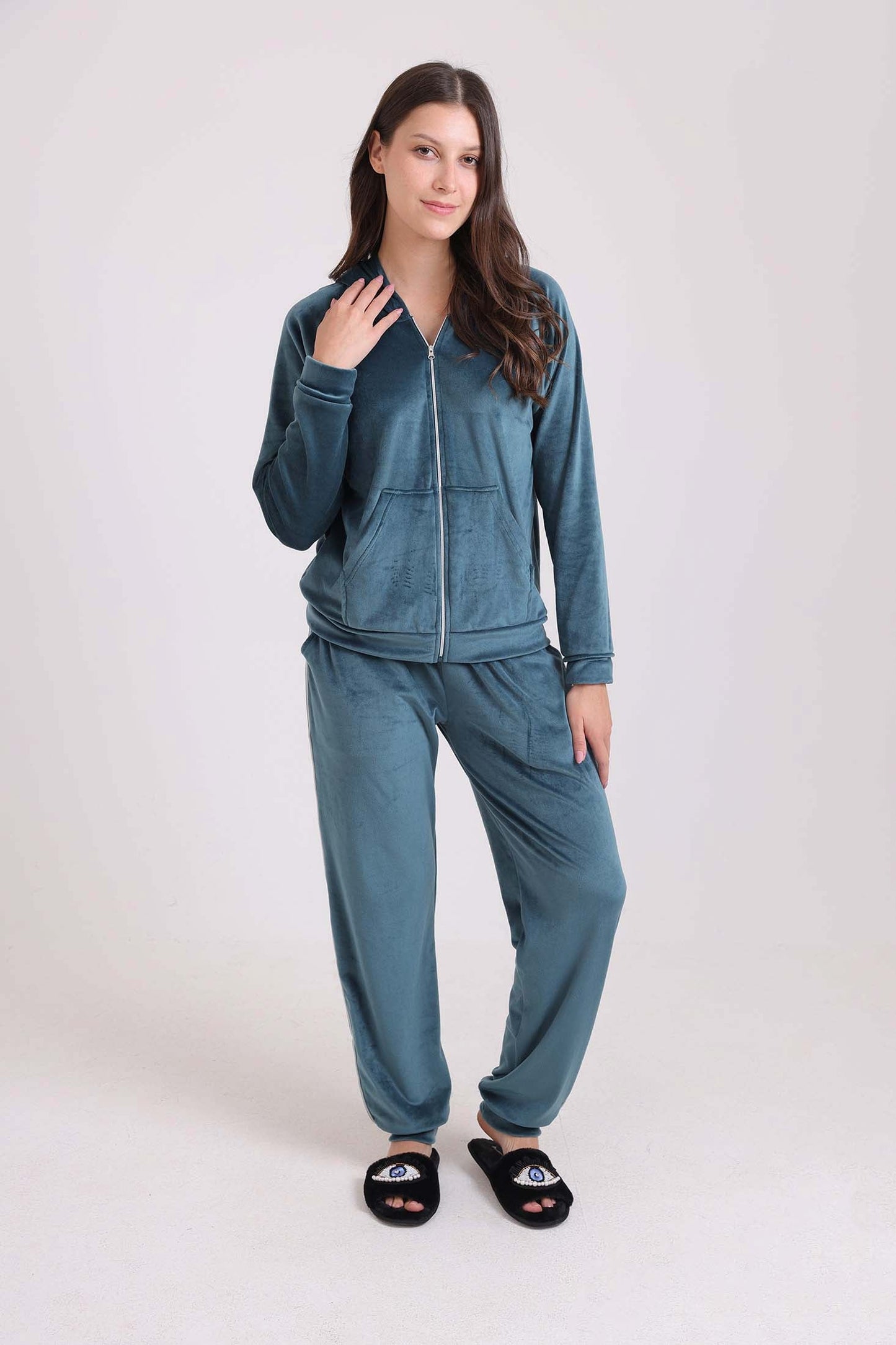 طقم بيجامة هودي بأكمام طويلة وستوستة & بنطلون