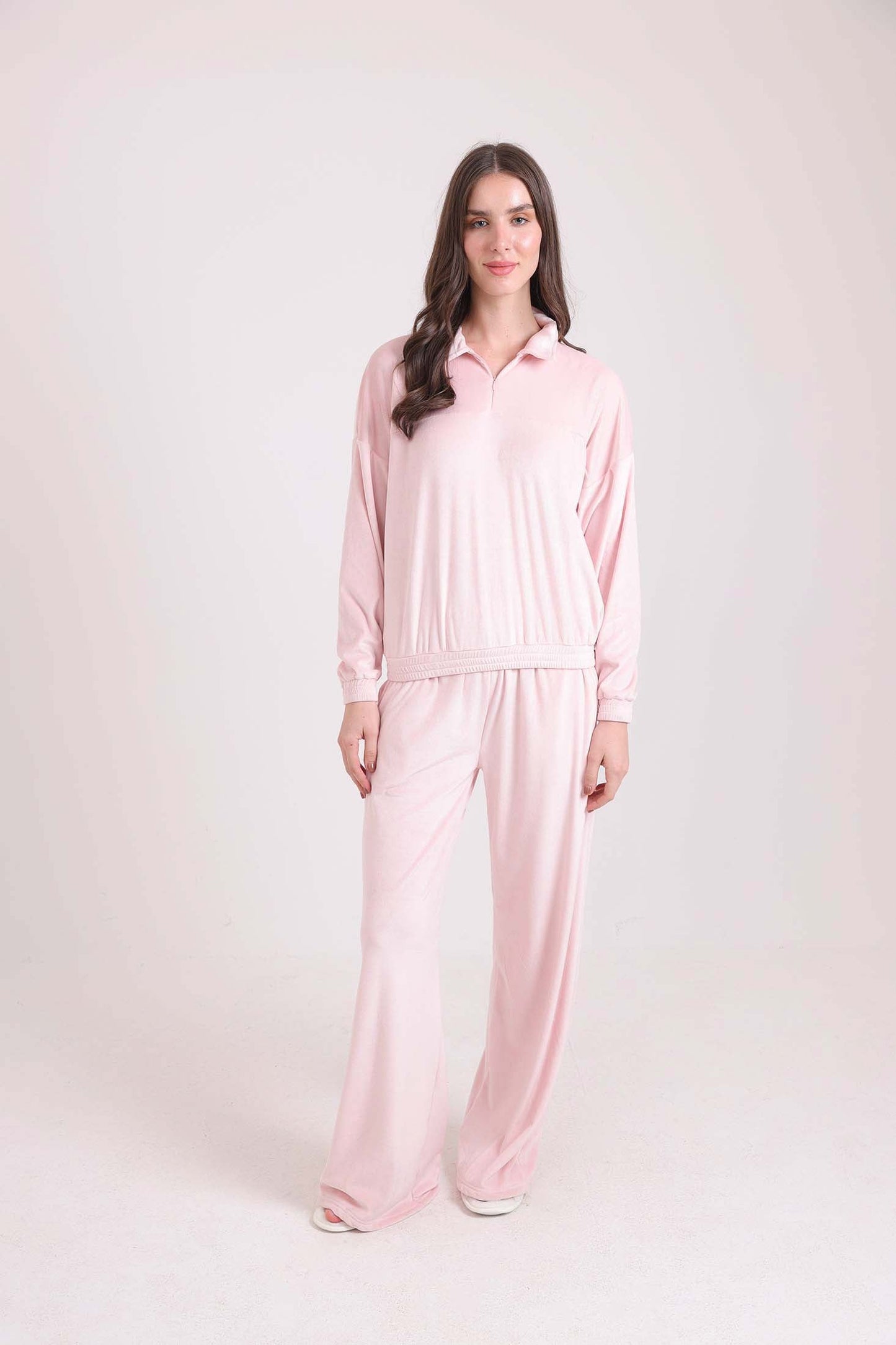 Solid Zipped Sweatshirt & Wide Pants Pajama Set