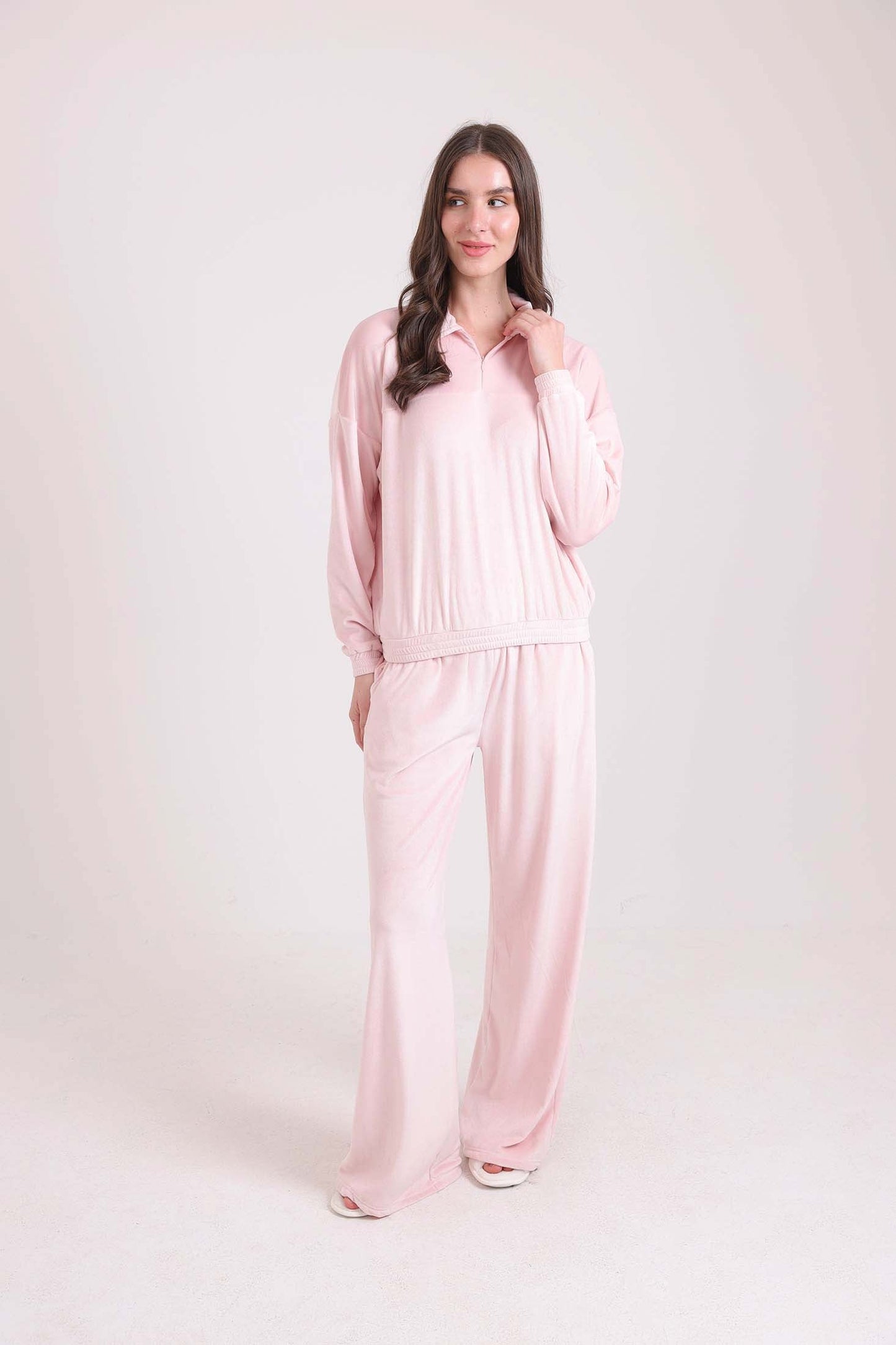 Solid Zipped Sweatshirt & Wide Pants Pajama Set