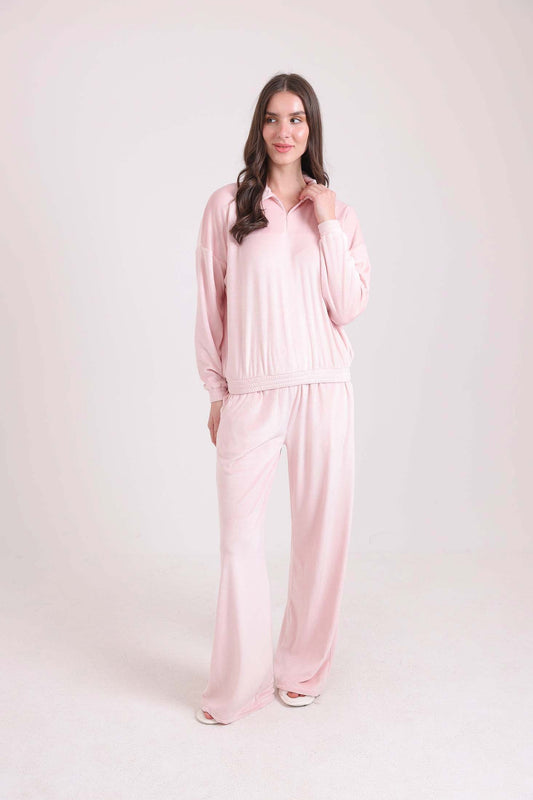 Solid Zipped Sweatshirt & Wide Pants Pajama Set
