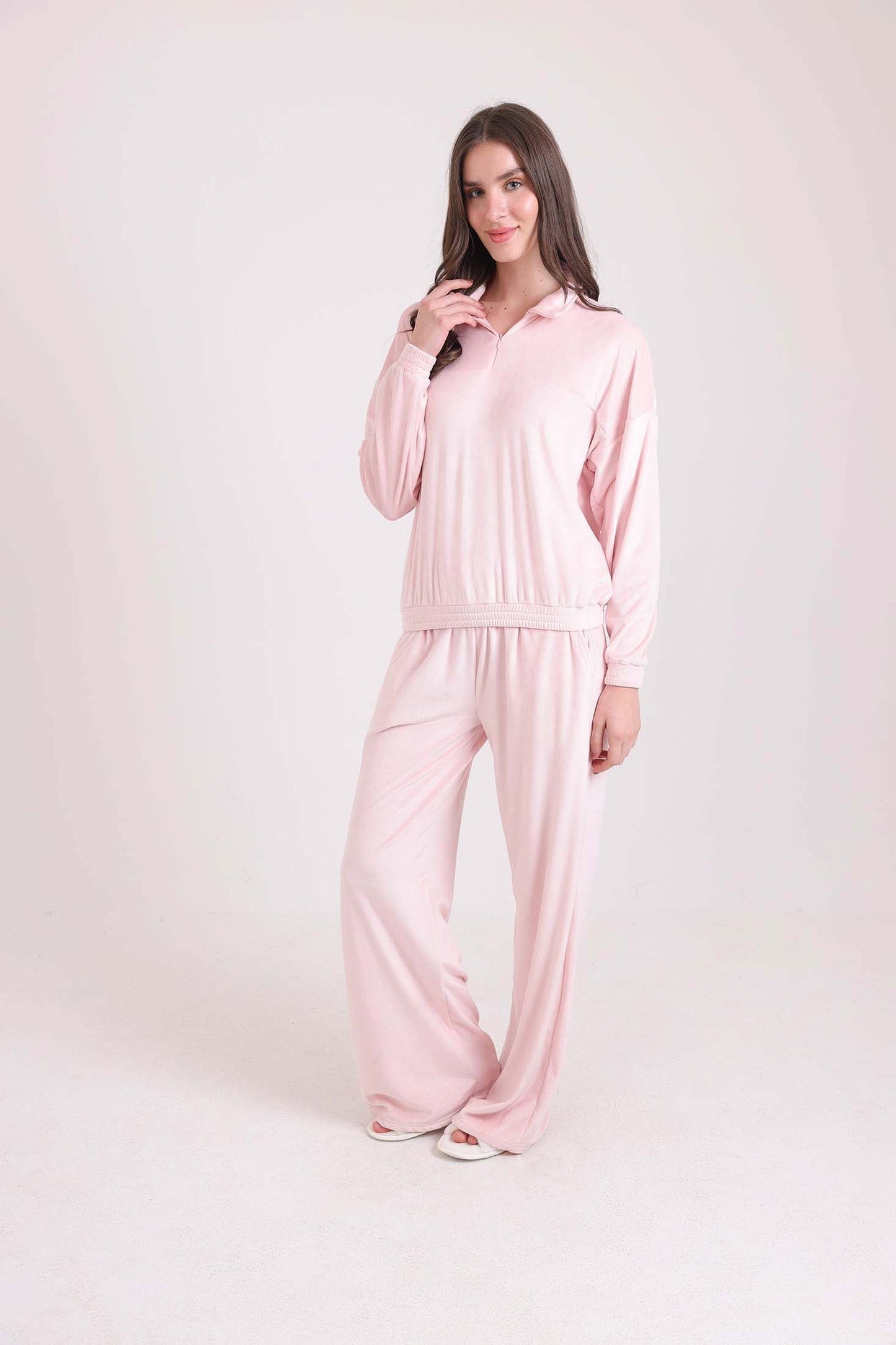 Solid Zipped Sweatshirt & Wide Pants Pajama Set