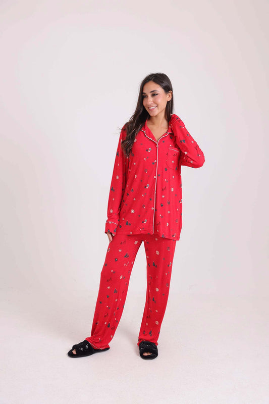 طقم بيجامة بأكمام طويلة بنقشة الكريسماس