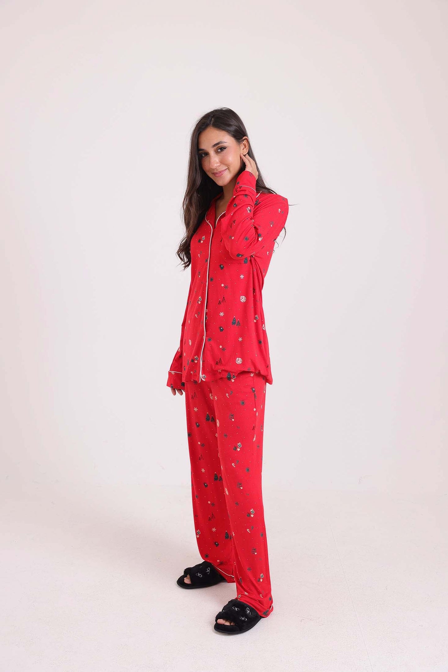 طقم بيجامة بأكمام طويلة بنقشة الكريسماس