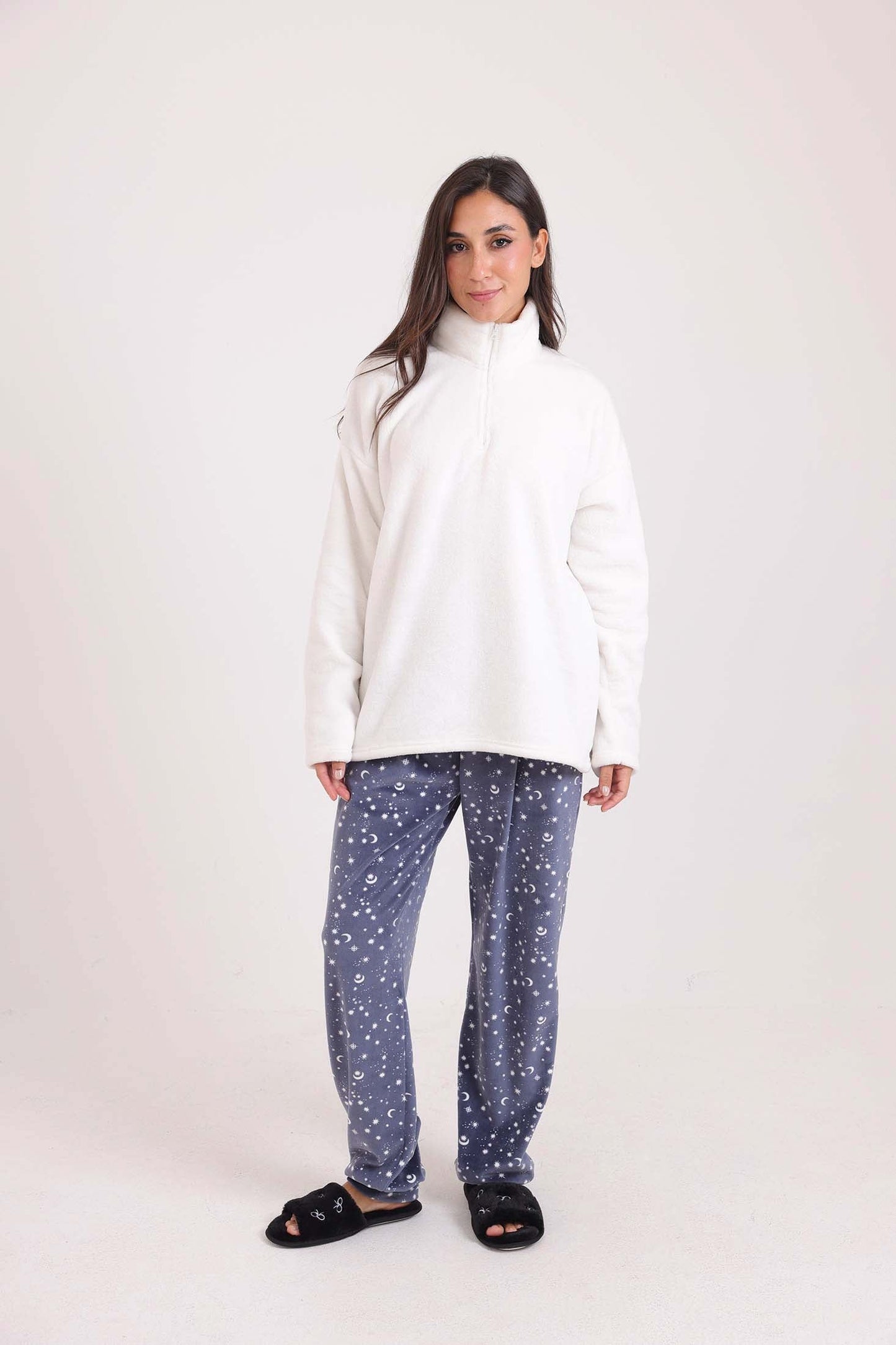 Solid Fleece Sweatshirt & Patterned Pants Pajama Set