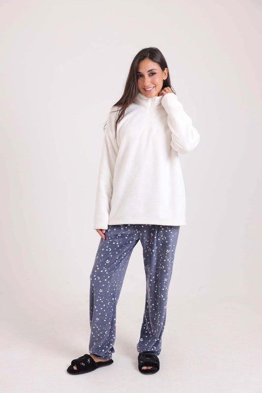 Solid Fleece Sweatshirt & Patterned Pants Pajama Set
