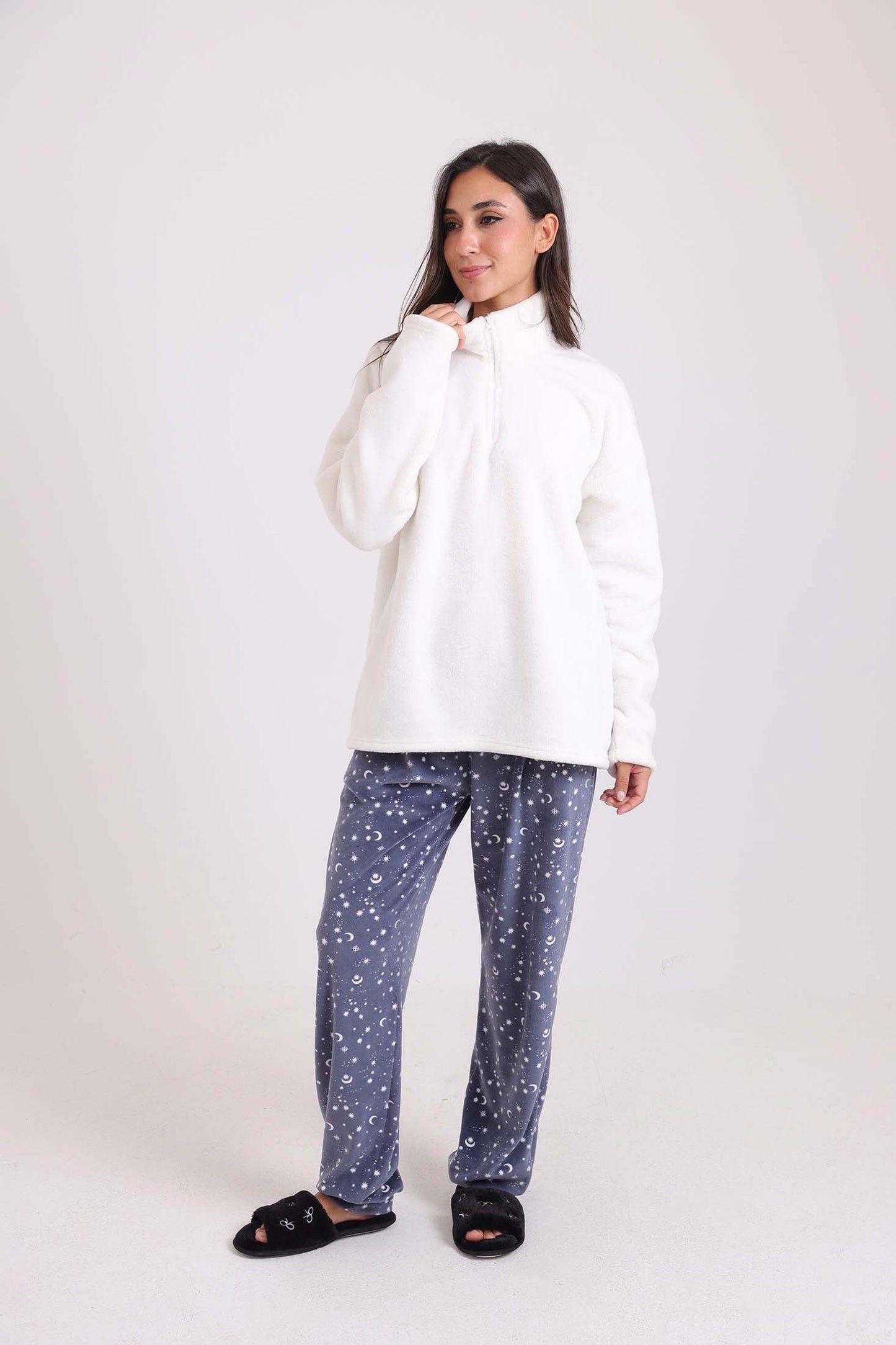 Solid Fleece Sweatshirt & Patterned Pants Pajama Set