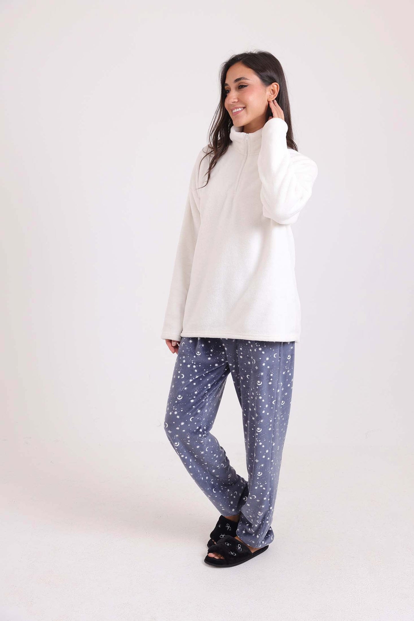 Solid Fleece Sweatshirt & Patterned Pants Pajama Set