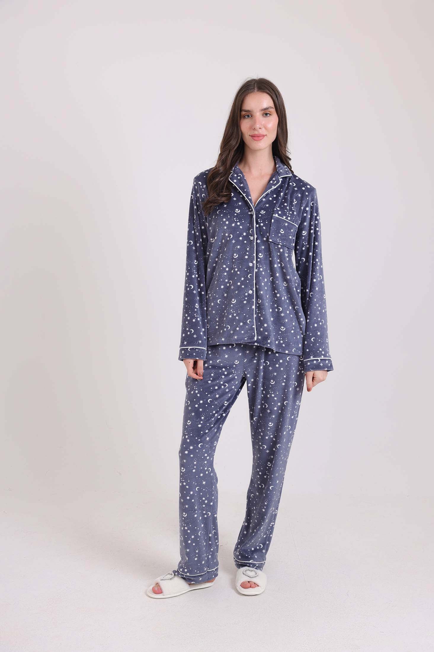 Patterned Classic Collar Shirt & Pants Pajama Set