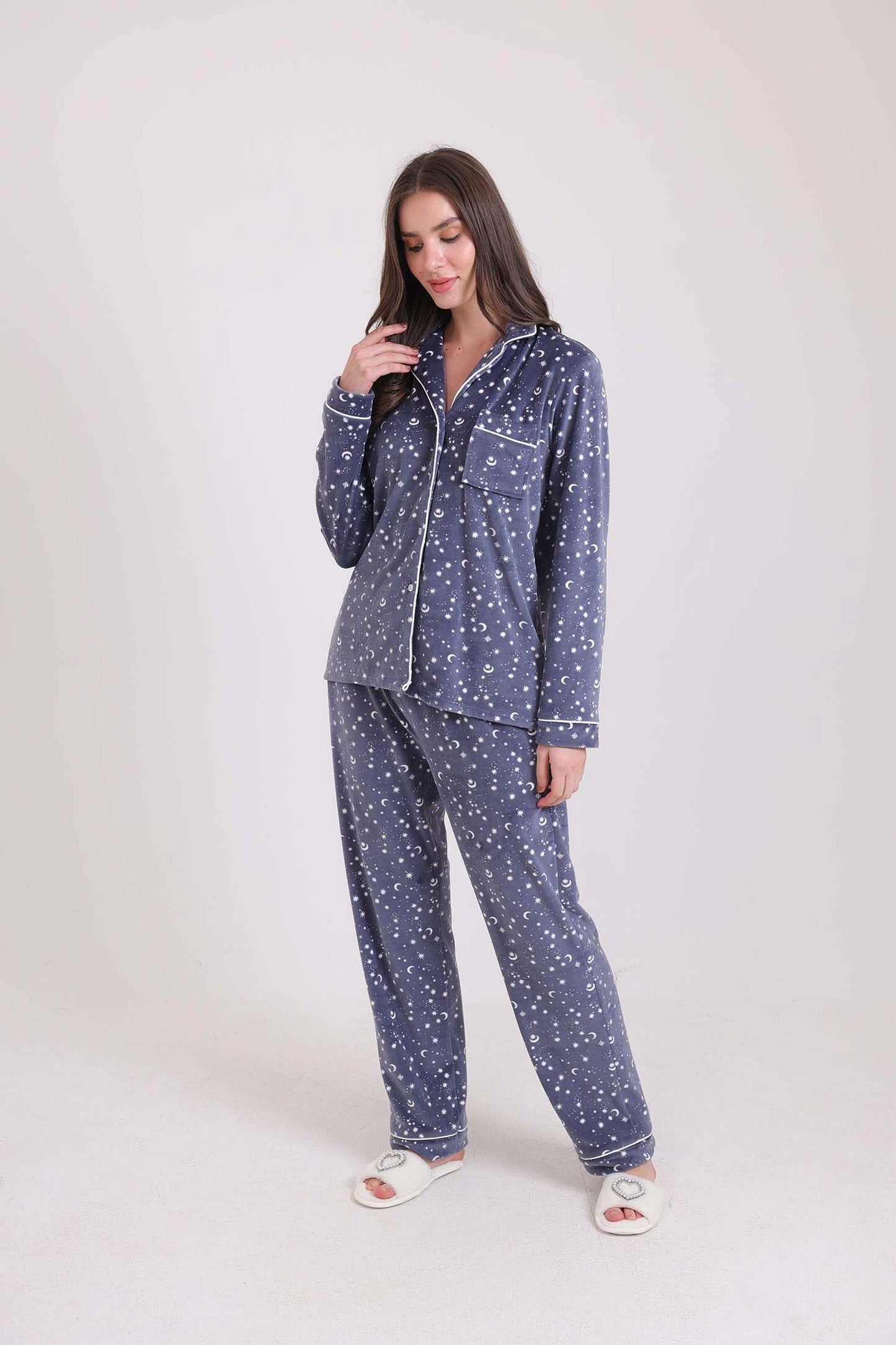 Patterned Classic Collar Shirt & Pants Pajama Set