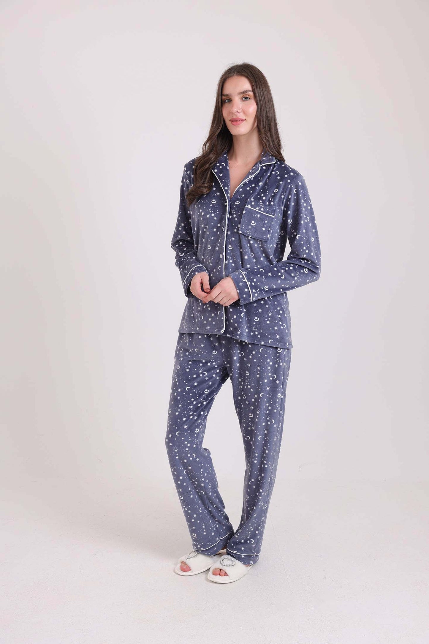 Patterned Classic Collar Shirt & Pants Pajama Set