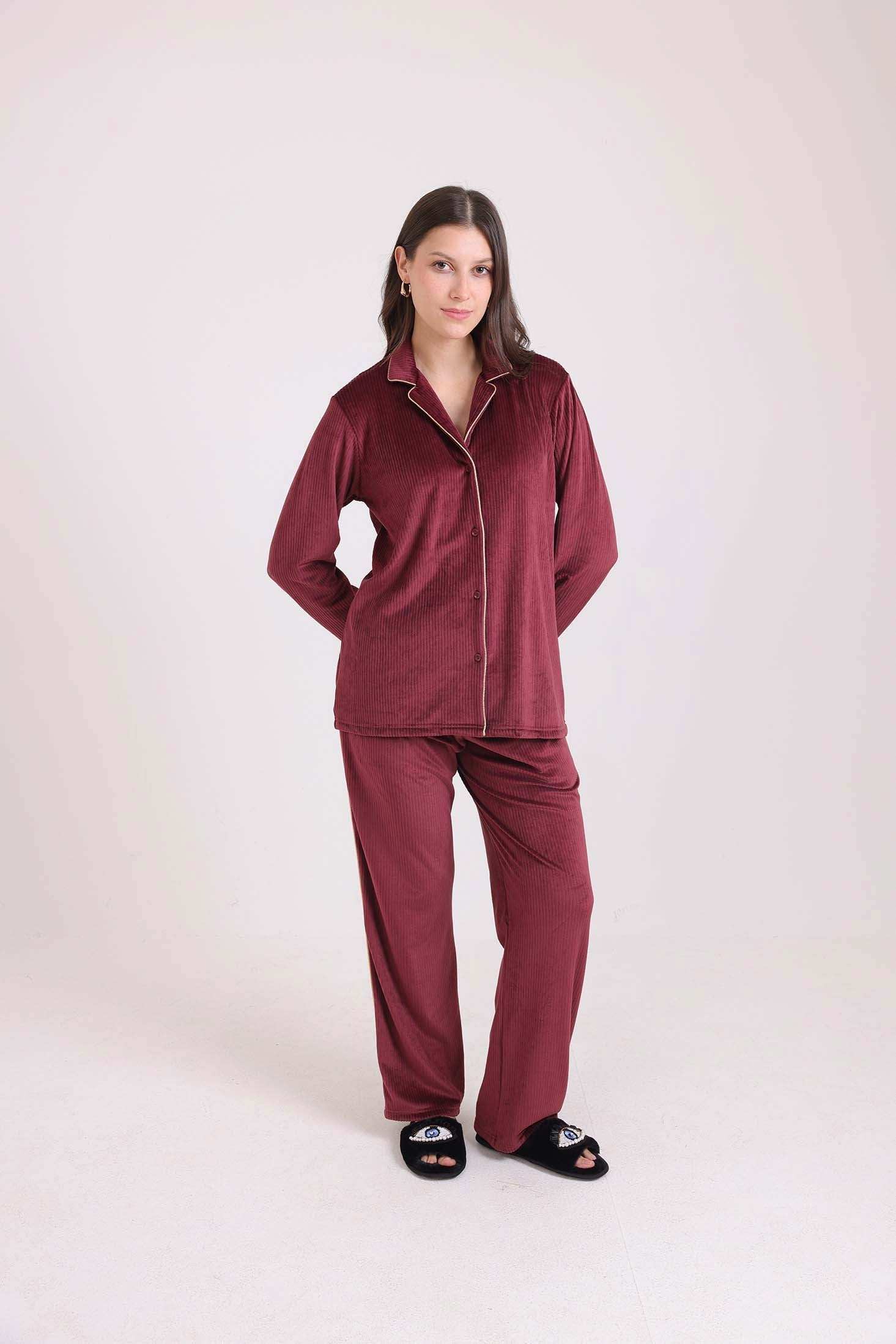 طقم بيجامة قميص مضلع بياقة كلاسيكية & بنطلون