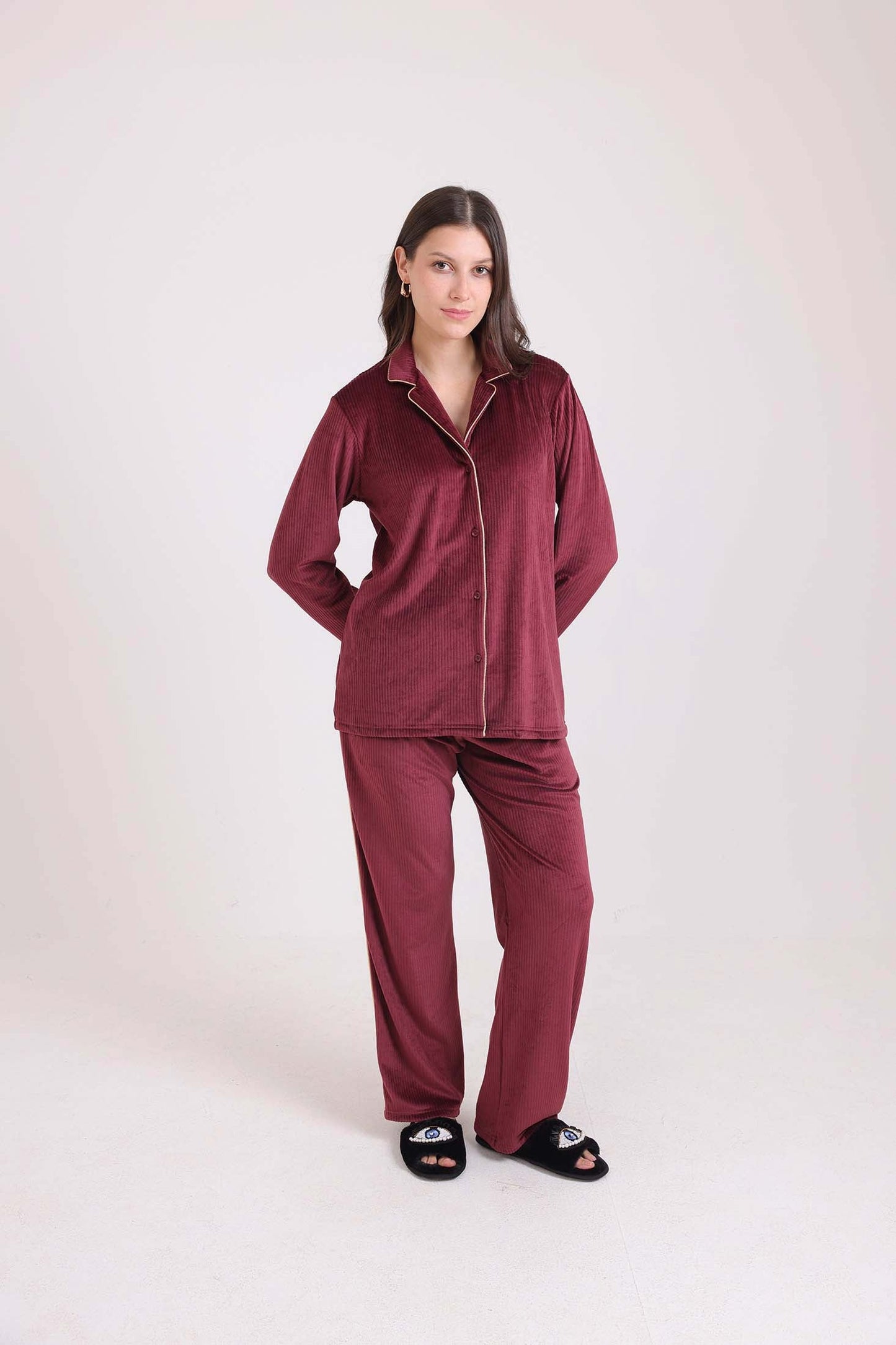 طقم بيجامة قميص مضلع بياقة كلاسيكية & بنطلون