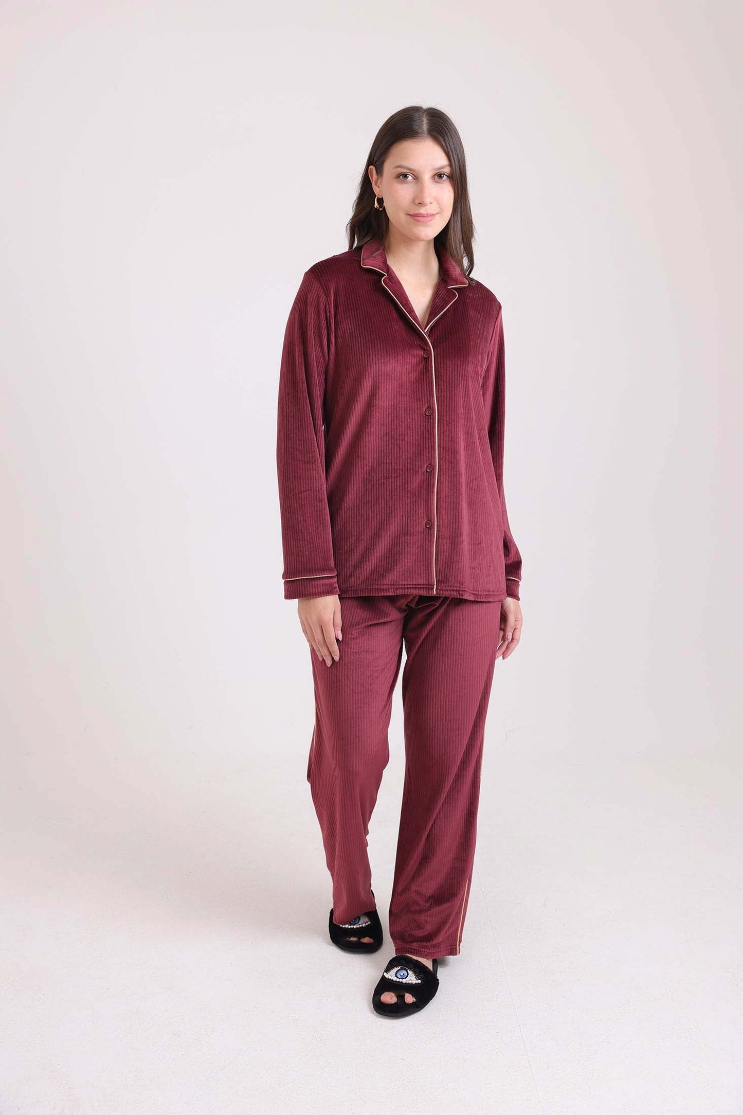 طقم بيجامة قميص مضلع بياقة كلاسيكية & بنطلون