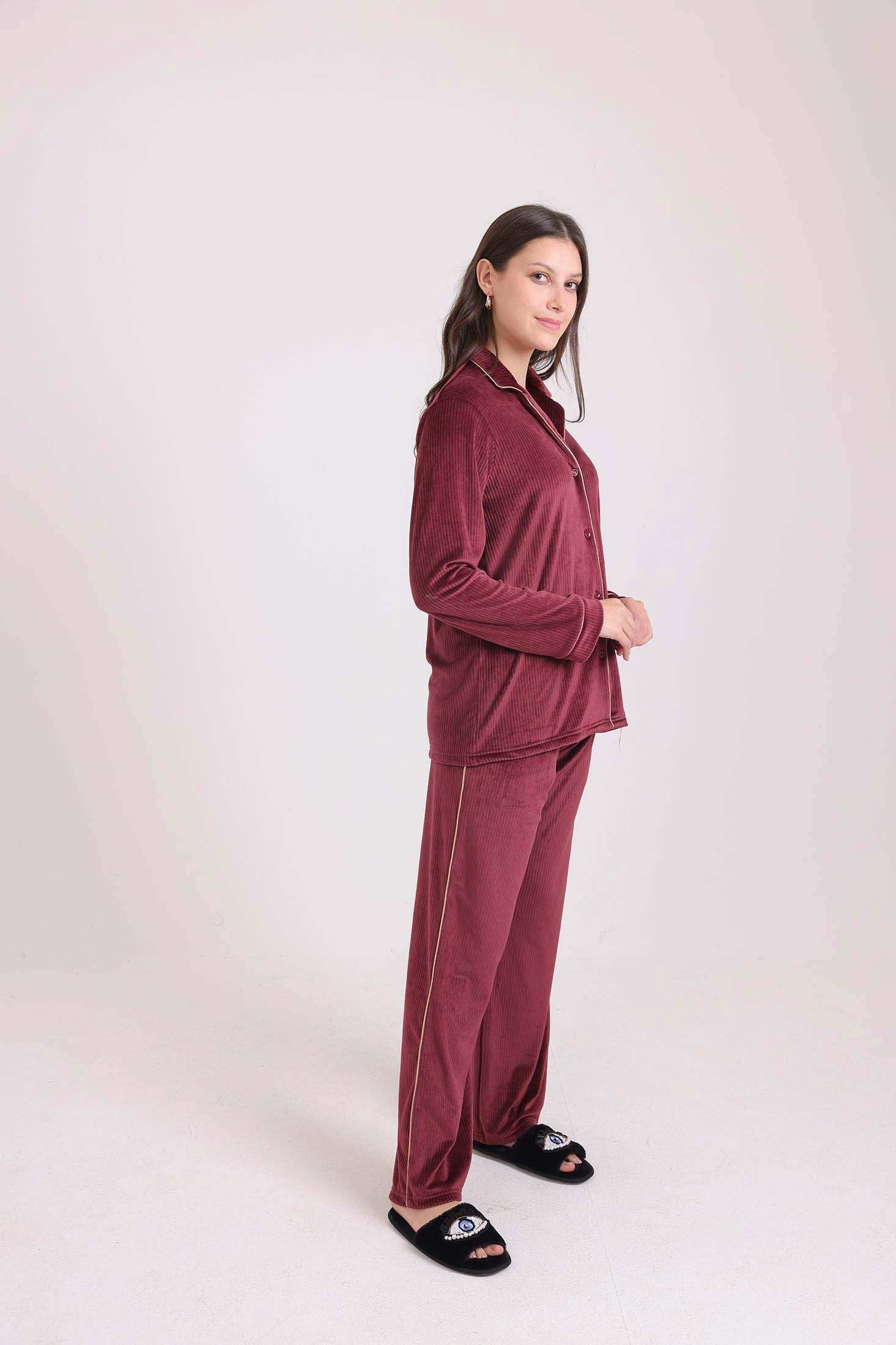 طقم بيجامة قميص مضلع بياقة كلاسيكية & بنطلون