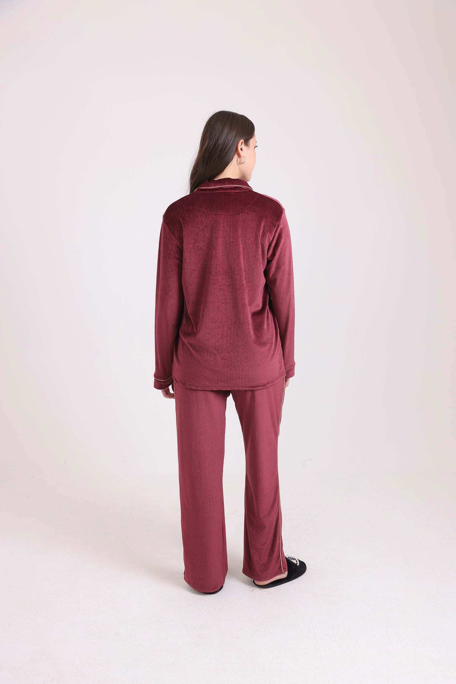 طقم بيجامة قميص مضلع بياقة كلاسيكية & بنطلون