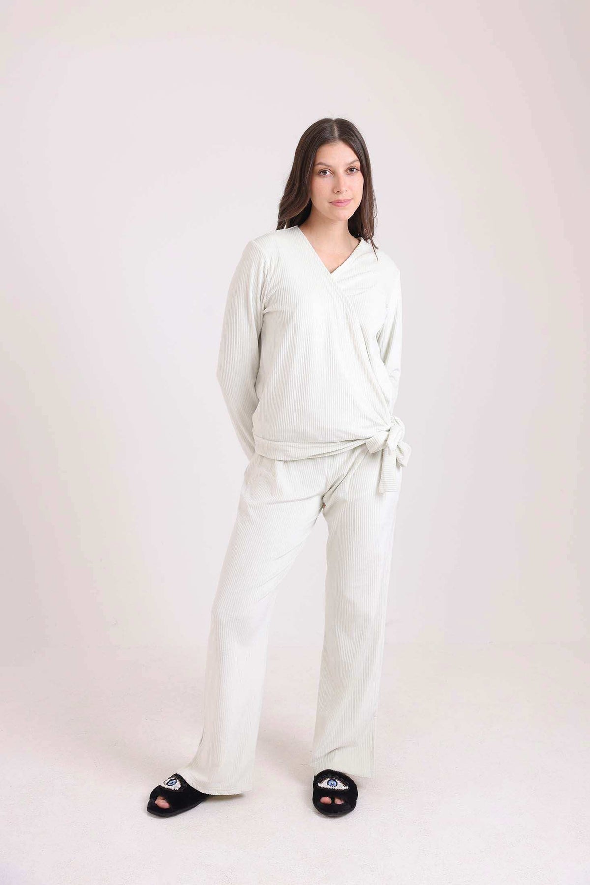 Ribbed V-Neck Sweatshirt & Pants Pajama Set