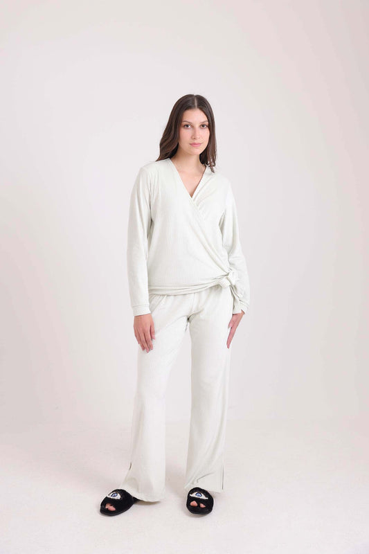 Ribbed V-Neck Sweatshirt & Pants Pajama Set
