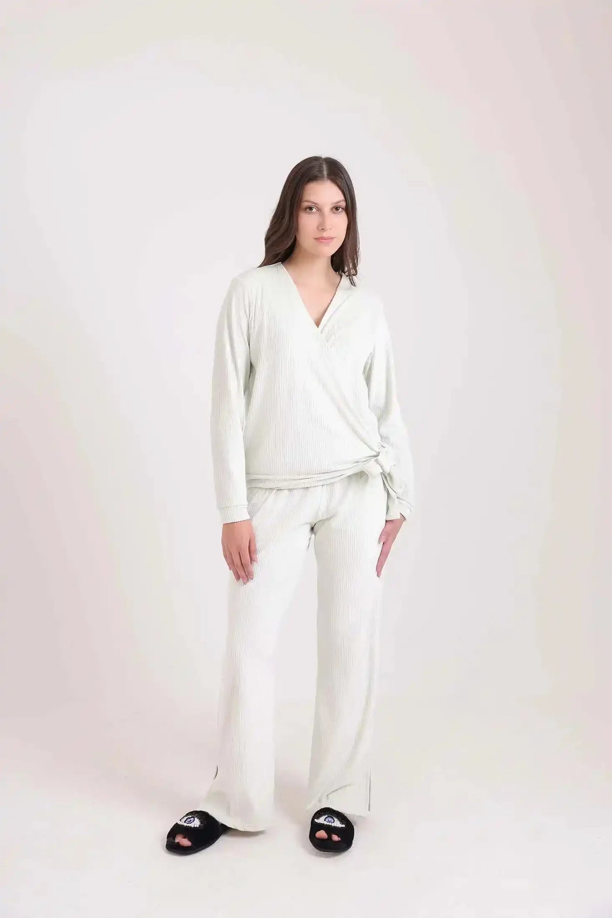 Ribbed V-Neck Sweatshirt & Pants Pajama Set