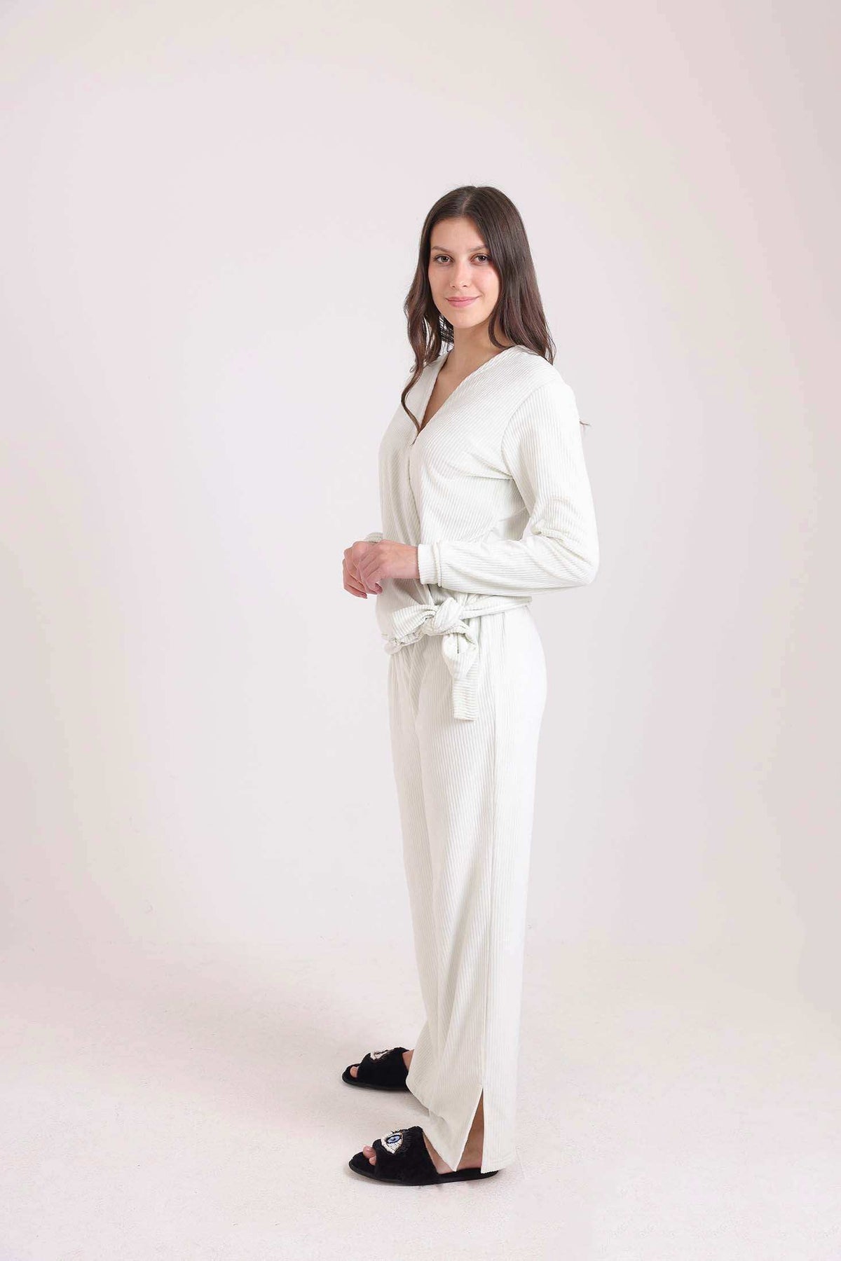 Ribbed V-Neck Sweatshirt & Pants Pajama Set