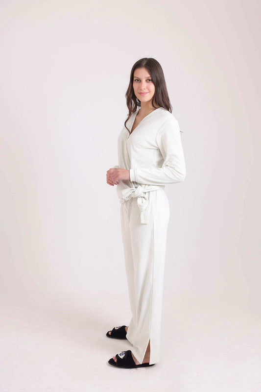 Ribbed V-Neck Sweatshirt & Pants Pajama Set