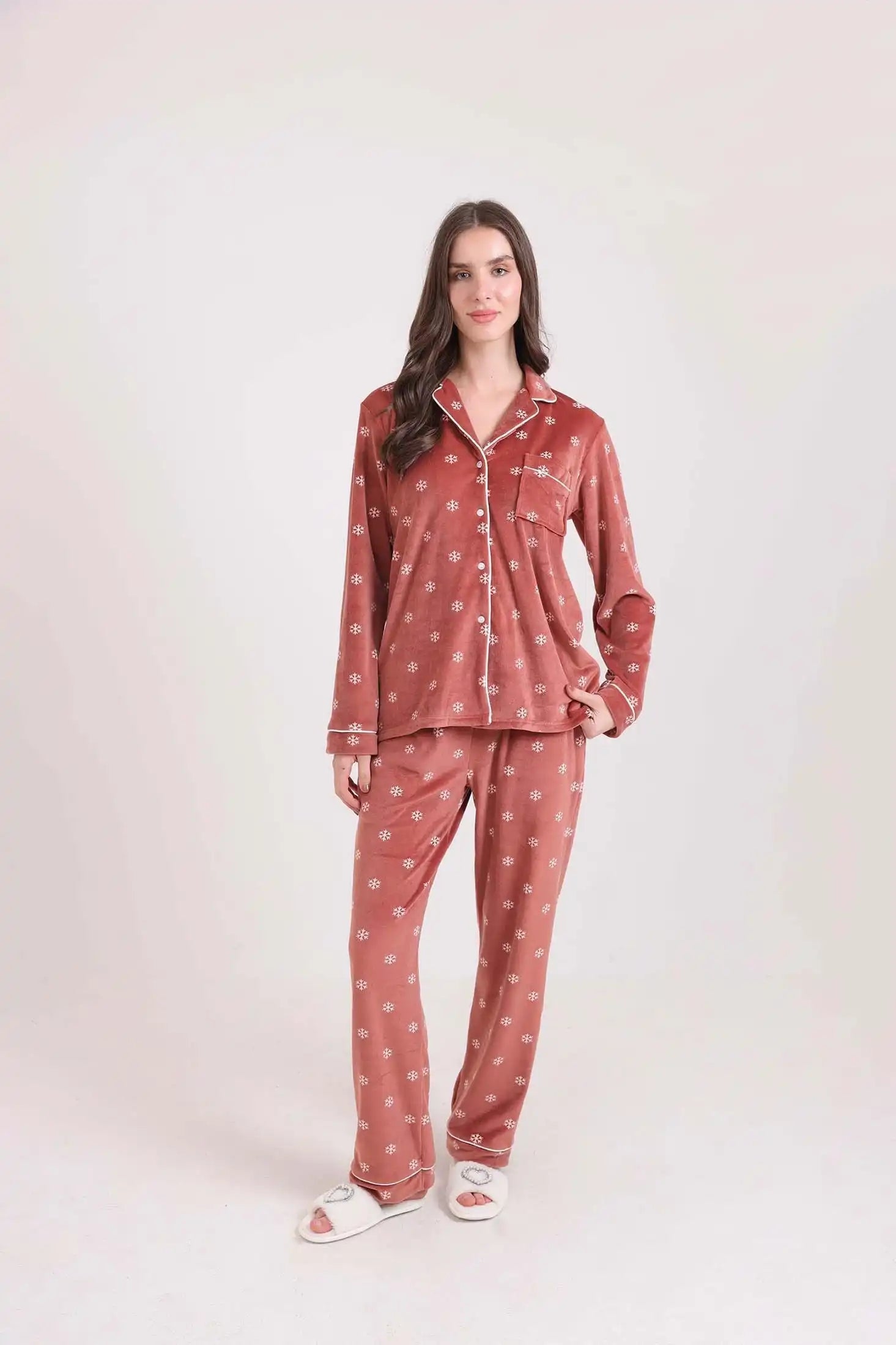 Velvet Snow Flakes Shirt & Pants Pajama Set