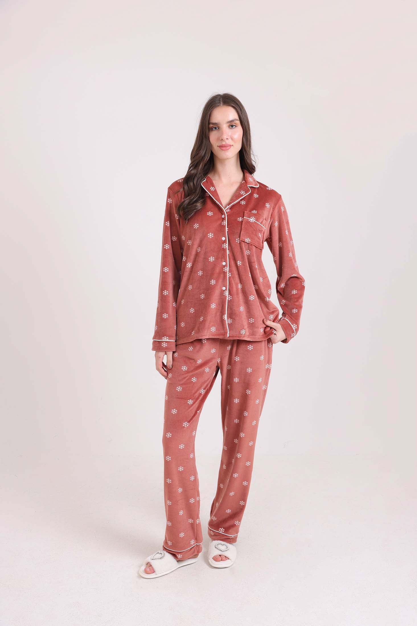 Velvet Snow Flakes Shirt & Pants Pajama Set